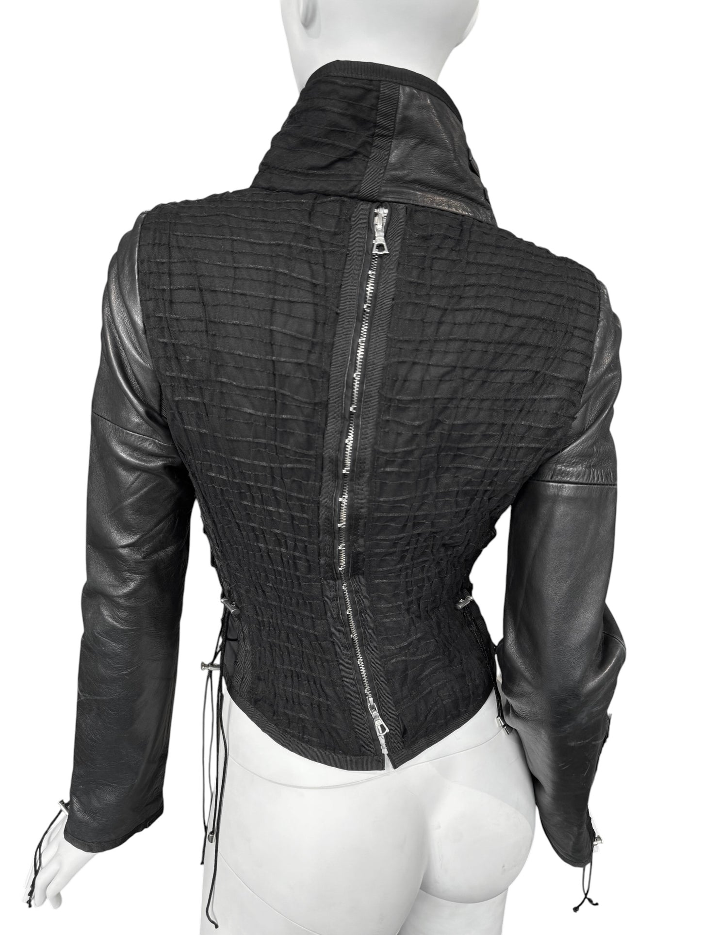 JITROIS 2000S BLACK LEATHER & MESH LACE-UP JACKET