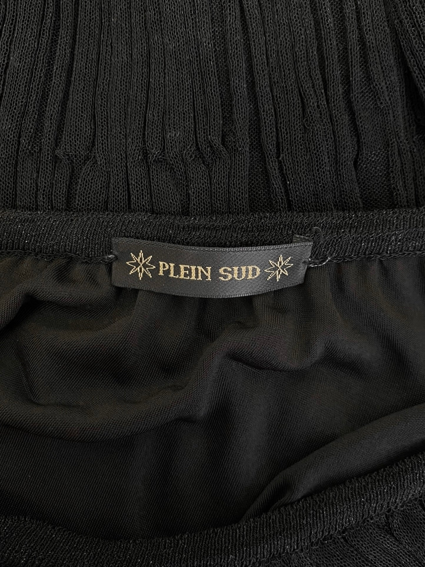 PLEIN SUD 2000s BLACK KNIT ASYMMETRICAL GATHERED SKIRT/BUSTIER TOP