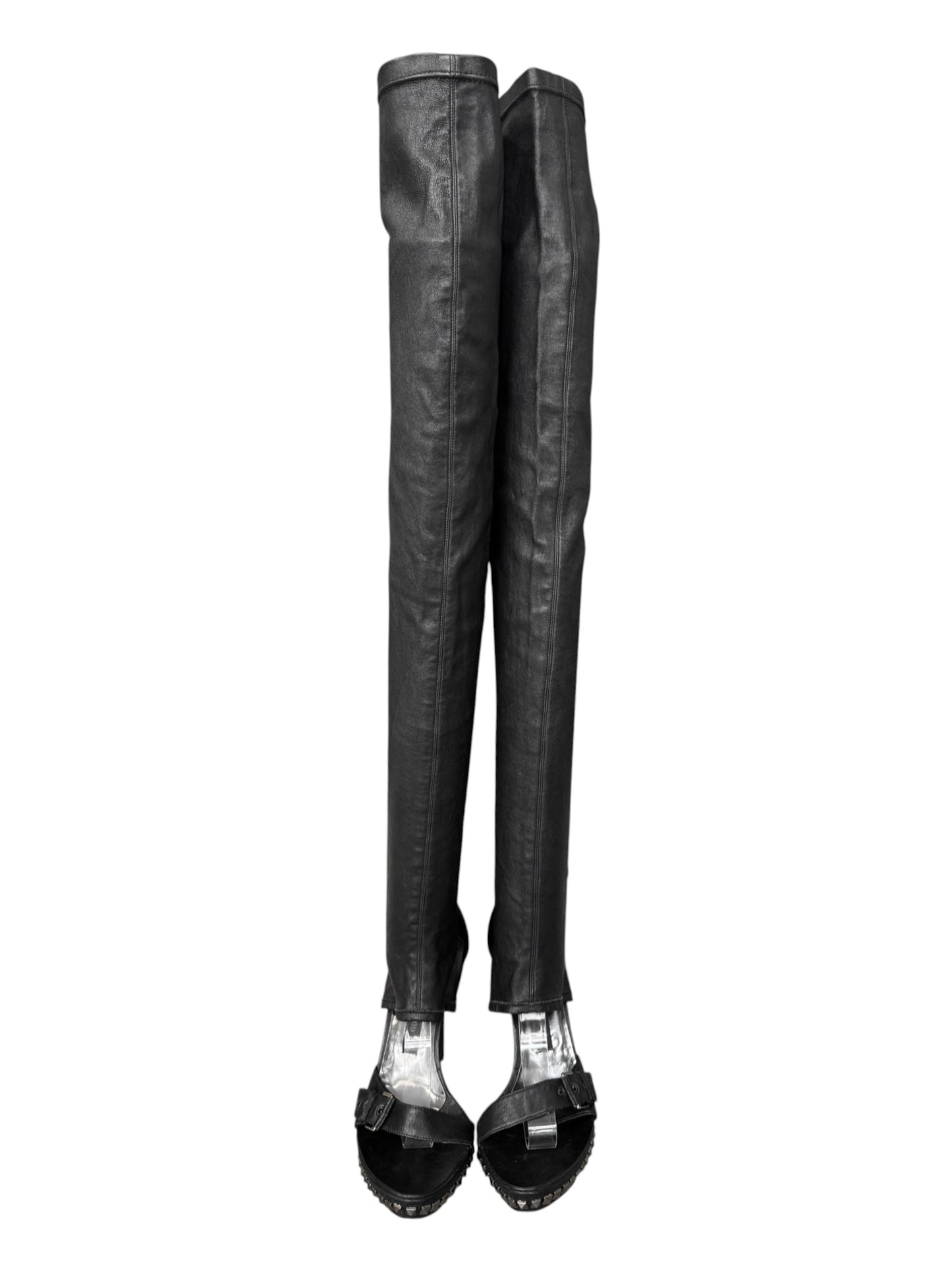 PLEIN SUD 2000s BLACK LEATHER STUDDED OPEN TOE THIGHBOOTS