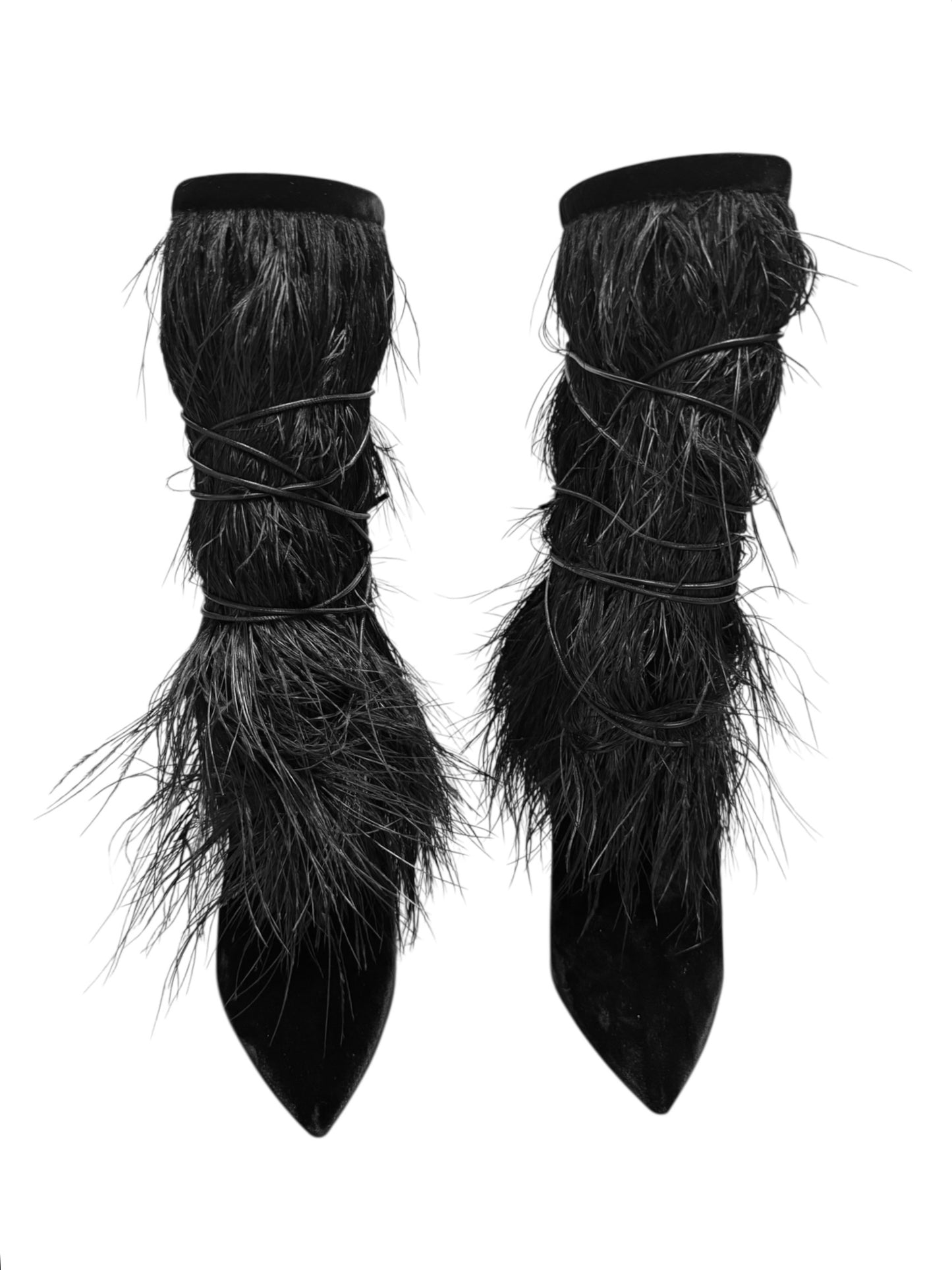 SAINT LAURENT SS2018 BY ANTHONY VACCARELLO BLACK VELVET & OSTRICH FEATHERS BOOTS