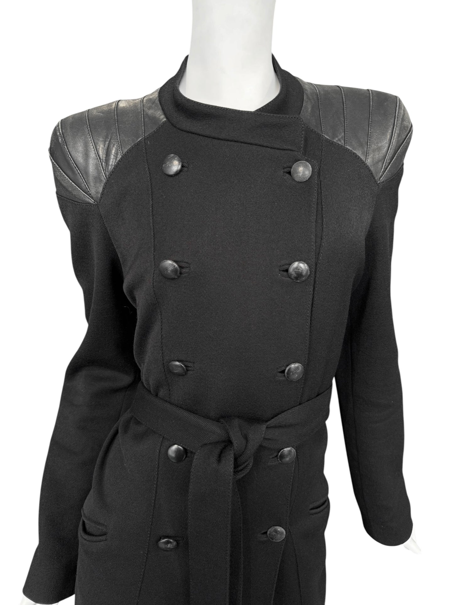 KAVIAR GAUCHE 2010s BLACK WOOK & LEATHER DOUBLE BREASTED COAT