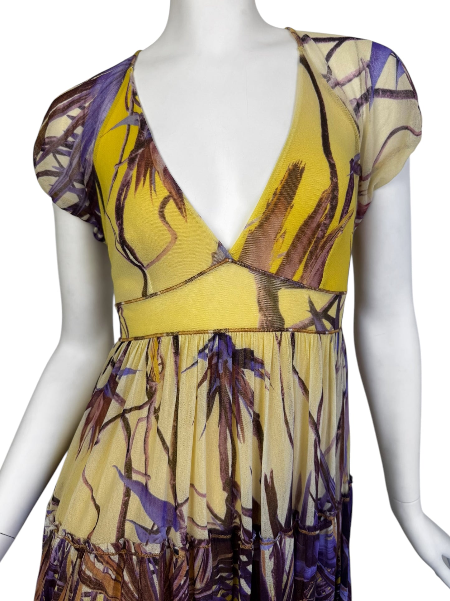 JEAN PAUL GAULTIER 2000s YELLOW & PURPLE MESH TROPICAL PRINT MIDI DRESS