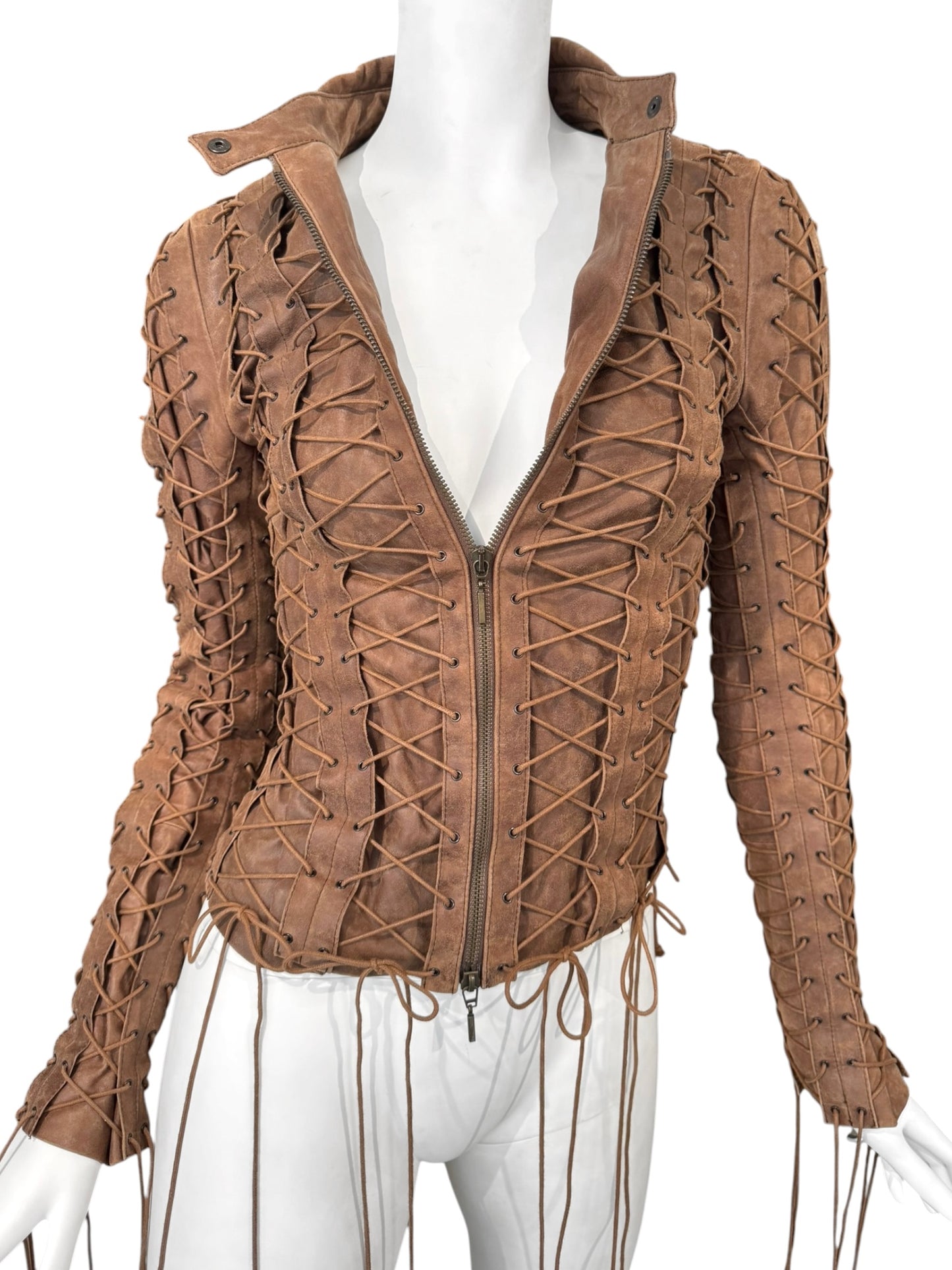 PLEIN SUD FW2002 BROWN LEATHER LACE-UP CAGE JACKET