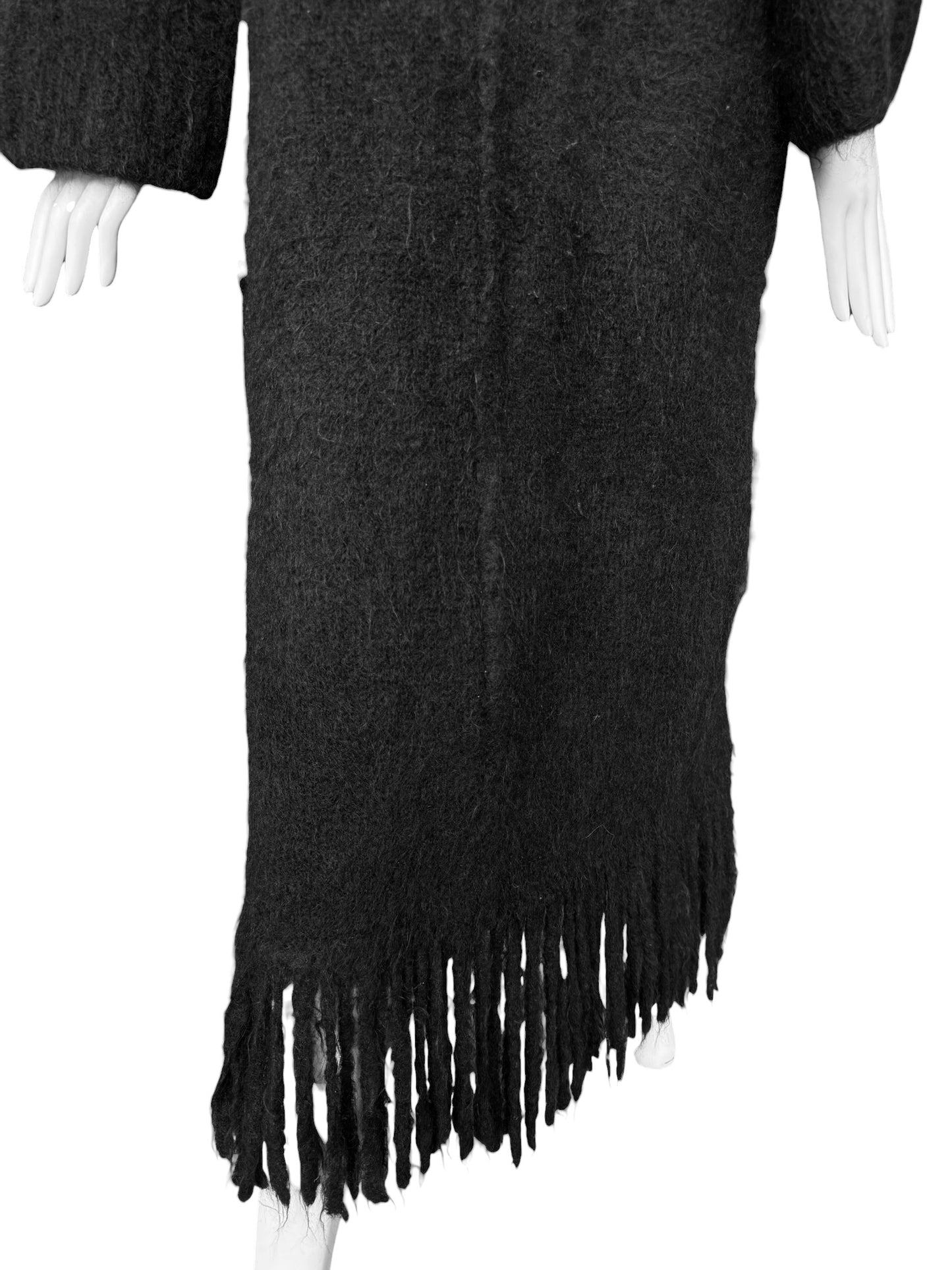 ISABEL BENENATO FW2020 BLACK WOOL & MOHAIR BLEND FRINGES MAXI COAT