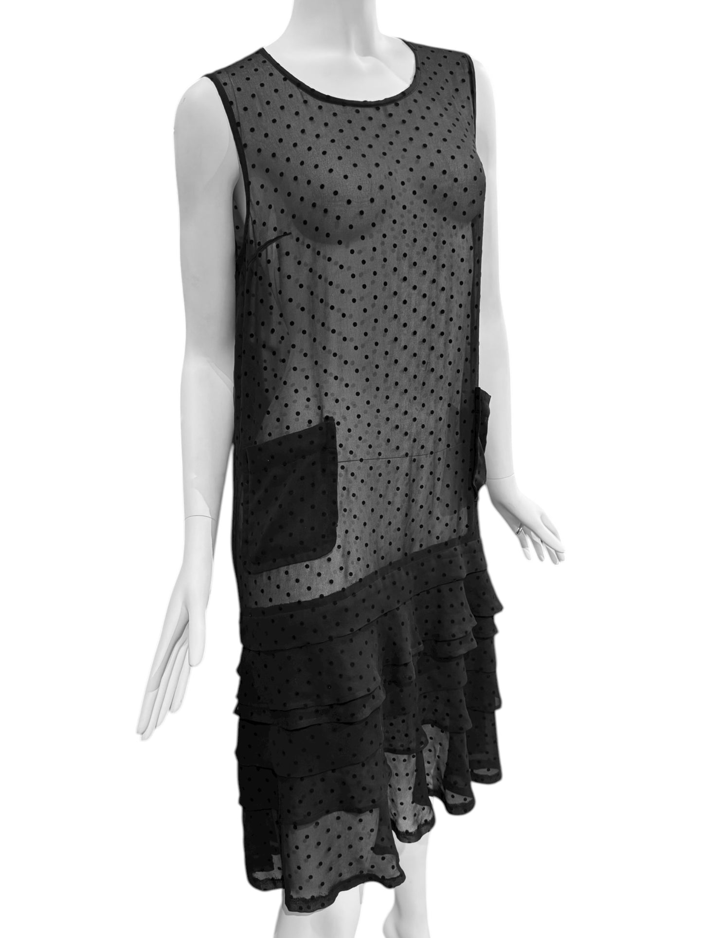 COMME DES GARÇONS TRICOT 2000s BLACK SHEER POLKA DOT RUFFLES HEM MIDI DRESS