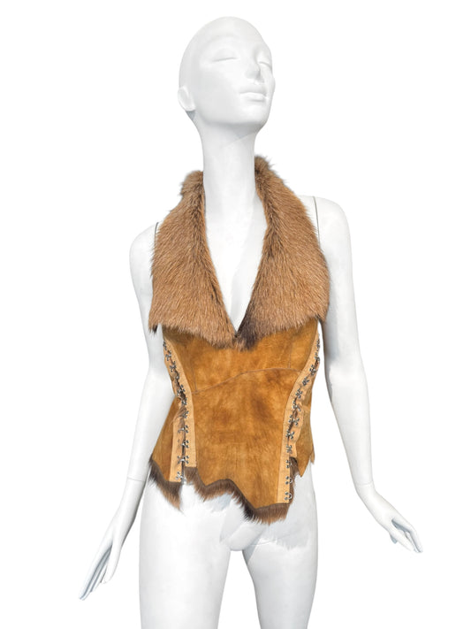 PLEIN SUD FW2002 BROWN SUEDE FUR HOOK TOP