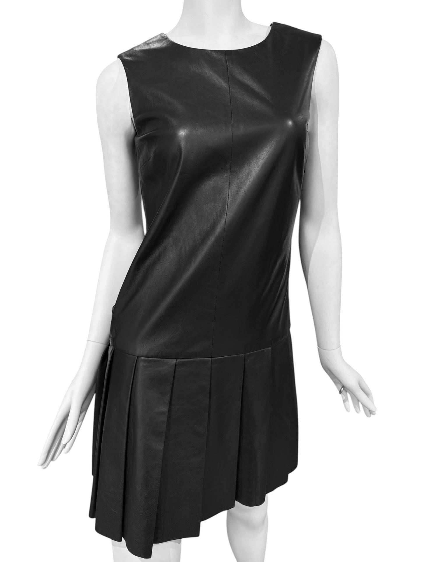 SIMONETTA RAVIZZA 2000s BLACK LEATHER OPEN BACK PLEATED MINI DRESS