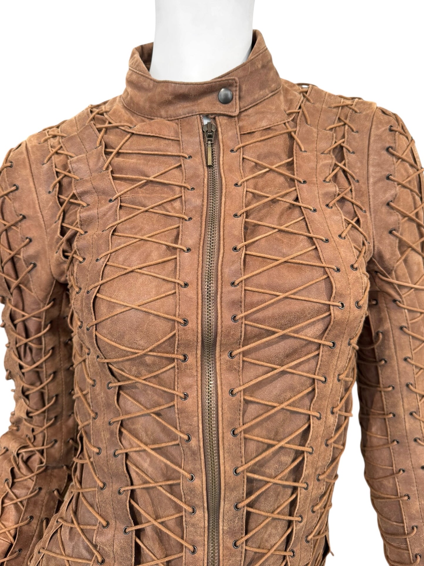 PLEIN SUD FW2002 BROWN LEATHER LACE-UP CAGE JACKET
