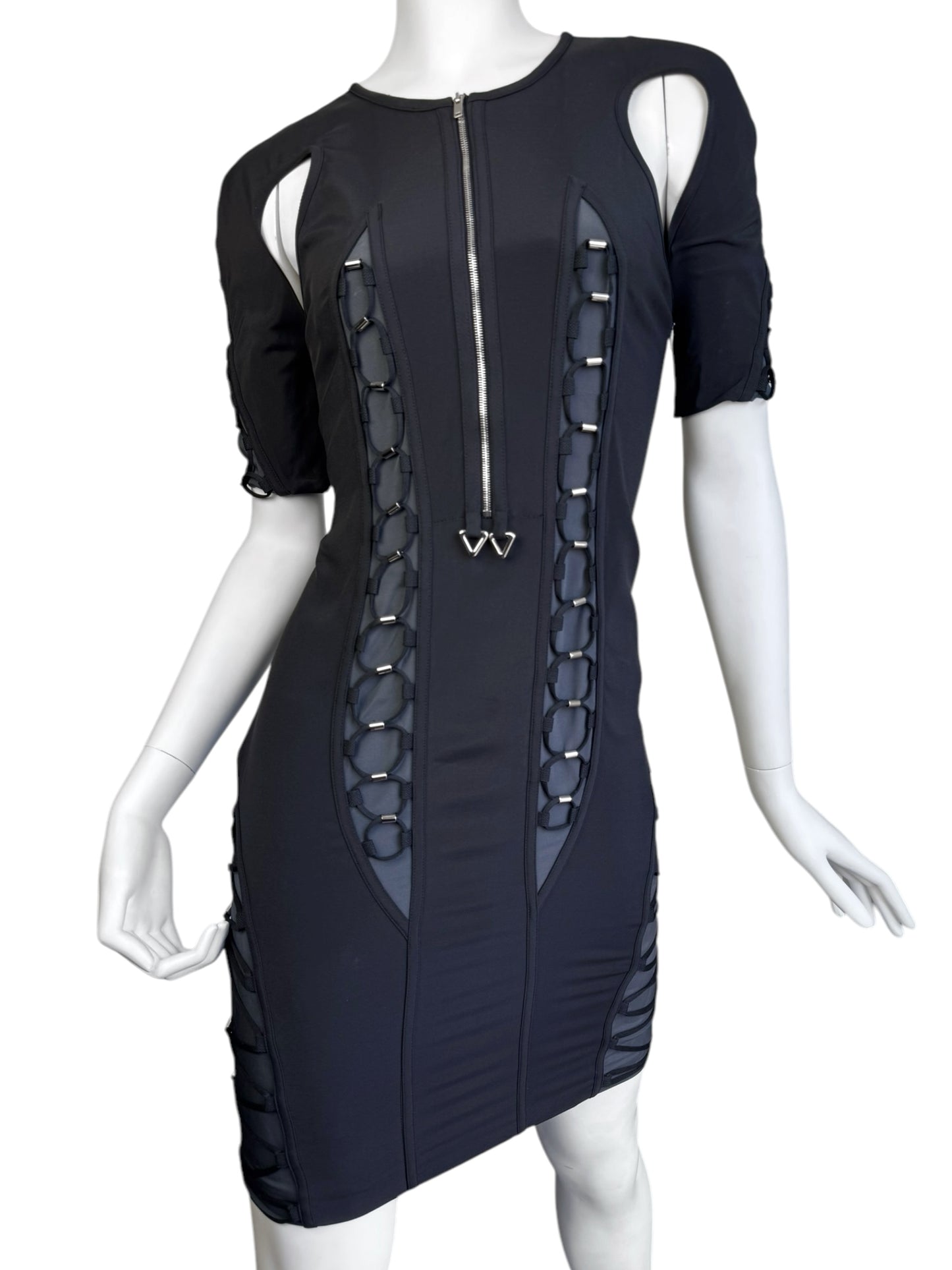 GUCCI SS2010 BY FRIDA GIANNINI BLACK & GREY SILK BLEND CUT-OUT LACE-UP FUTURISTIC MINI DRESS