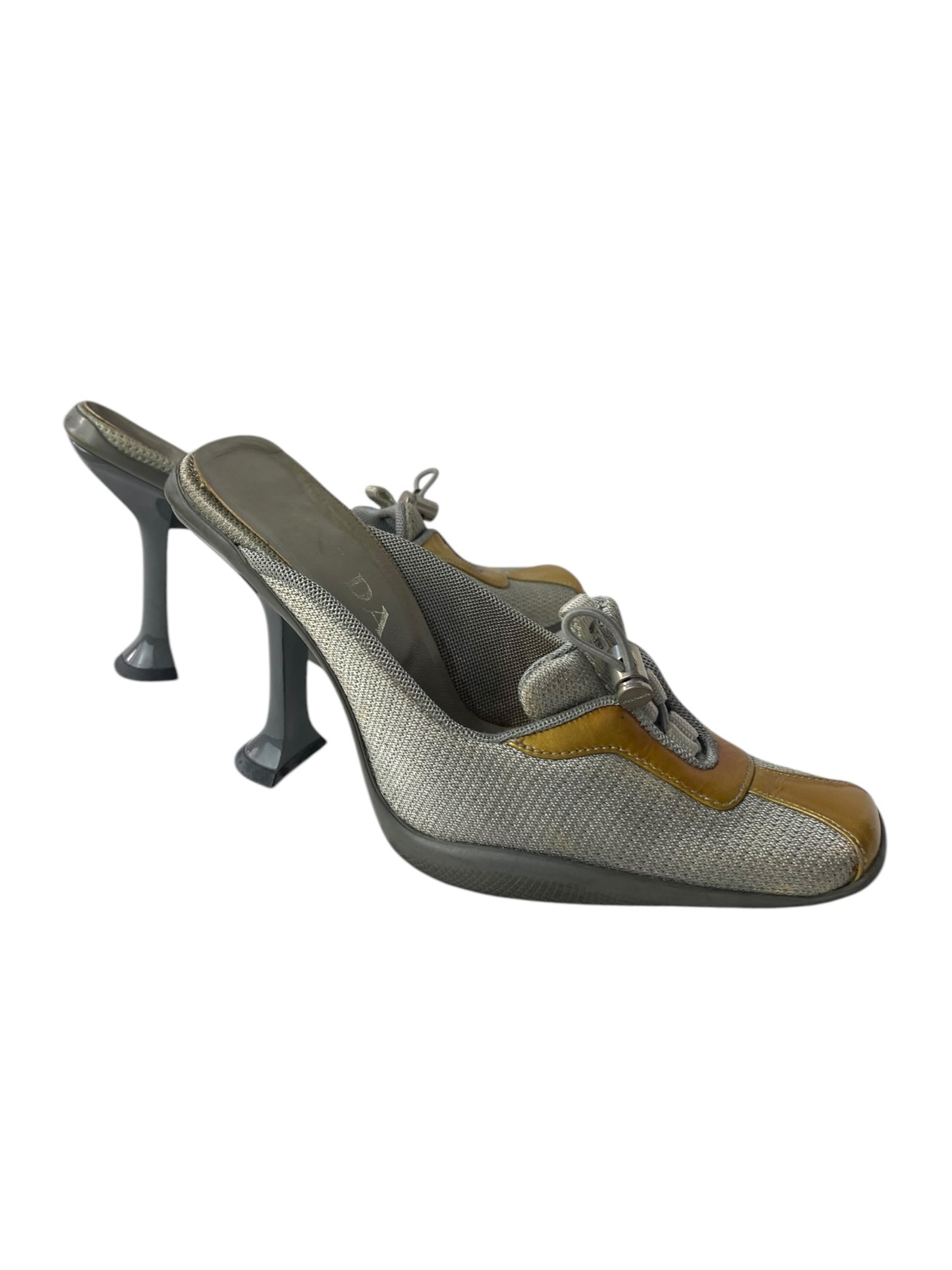 PRADA FW1999 YELLOW PATENT LEATHER & GREY MESH MULES