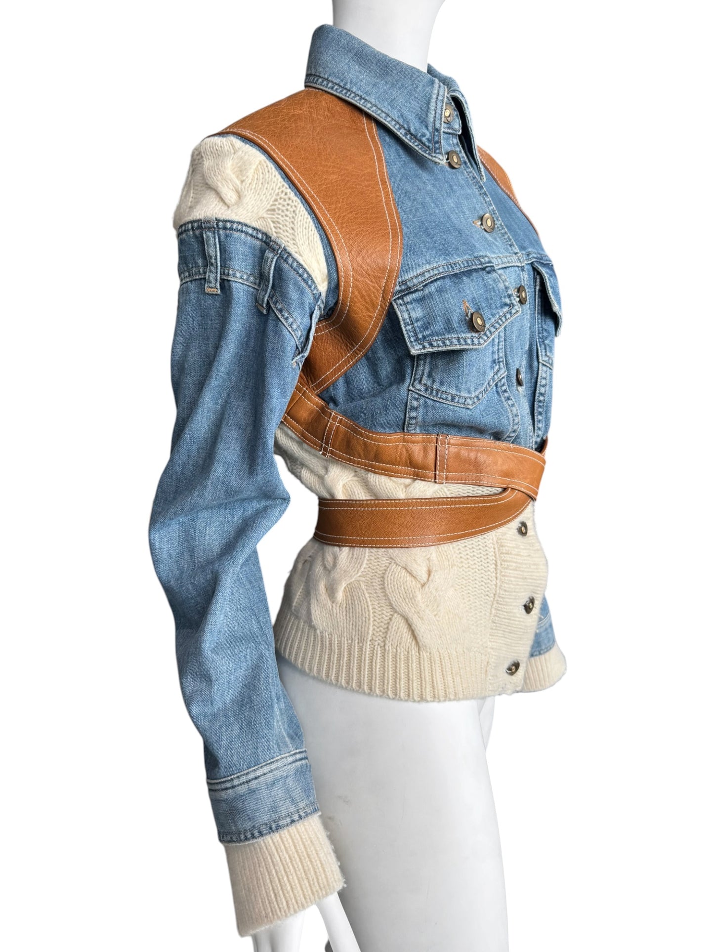 ALEXANDER MCQUEEN SS2004 ‘DELIVERANCE’ BLUE DENIM, BROWN LEATHER & CREAM KNIT PATCHWORK JACKET