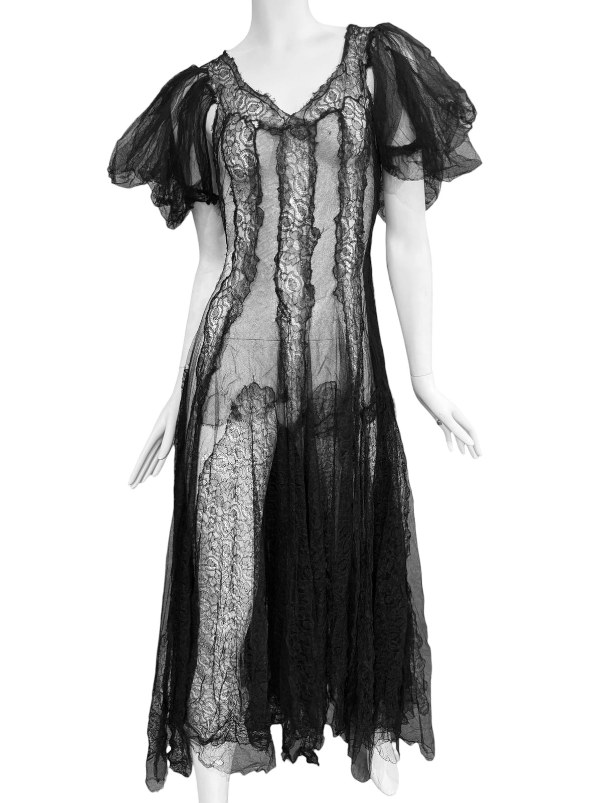 1930s BLACK SHEER LACE ROMANTIC MAXI DRESS
