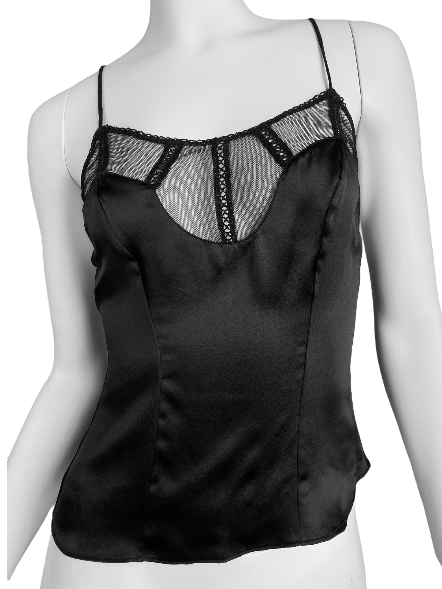 PLEIN SUD FW1994 BLACK SILK & TULLE PICOT CAMI TOP