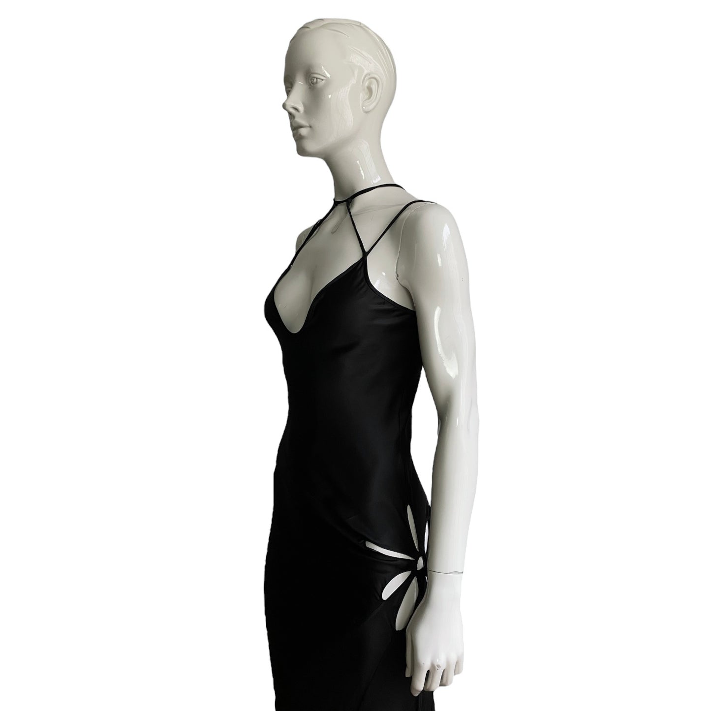 FAYÇAL AMOR SS2003 BLACK SATIN CUT OUT DOUBLE STRAPS MAXI DRESS