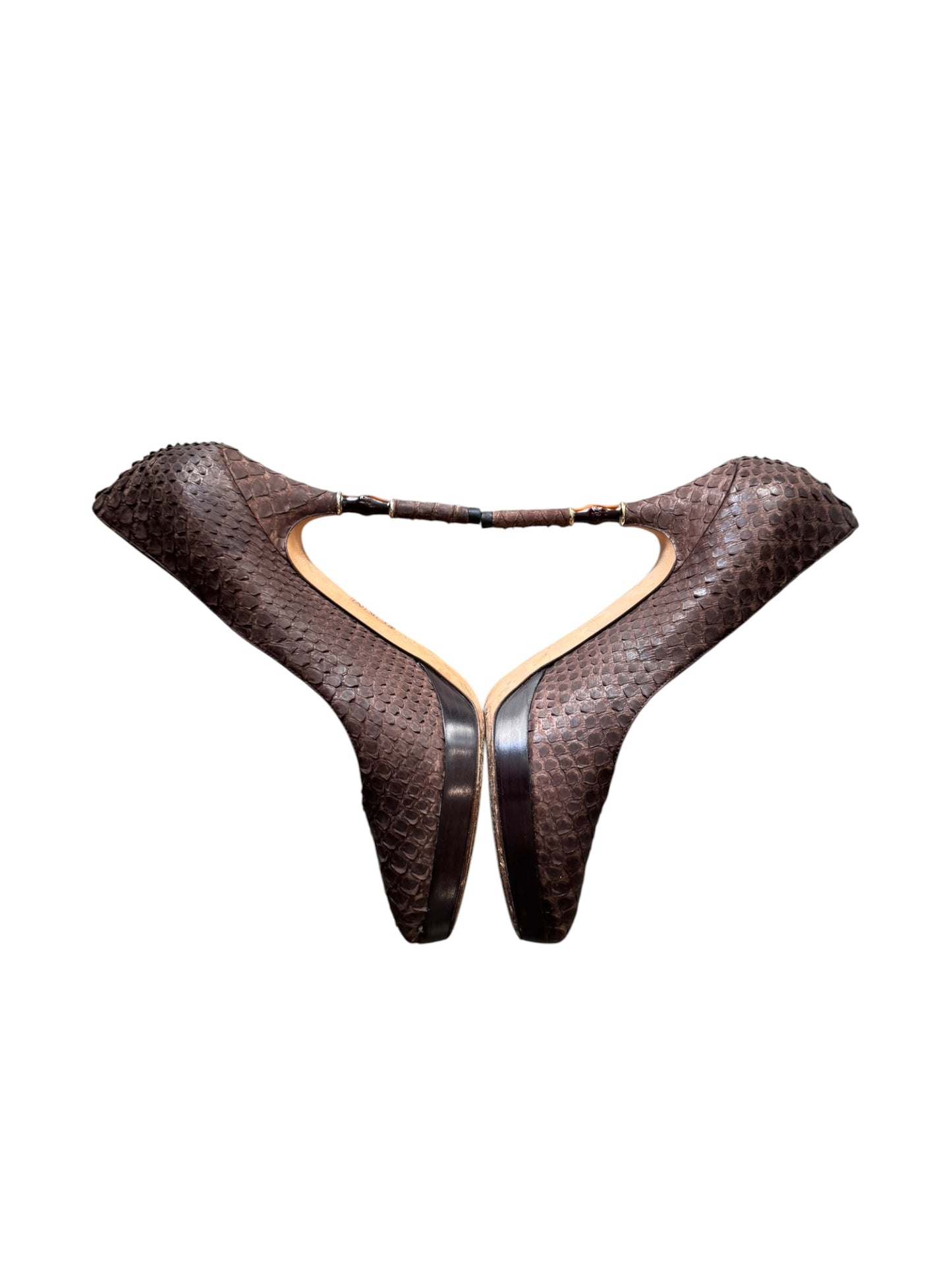 GUCCI 2000s BROWN LEATHER PYTHON-LIKE BAMBOO HEELS