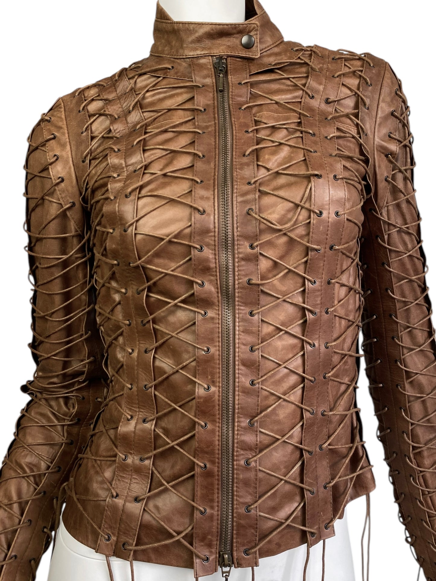 PLEIN SUD FW2002 BROWN LEATHER LACED-UP CAGE JACKET