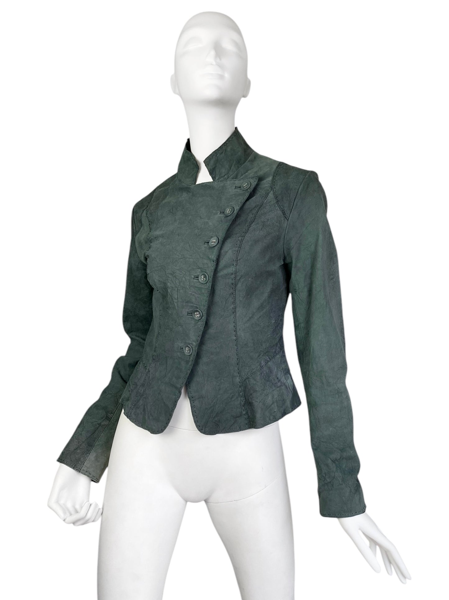 2000s GREYISH GREEN DISTRESS LEATHER CREASED ASYMMETRICAL JACKET