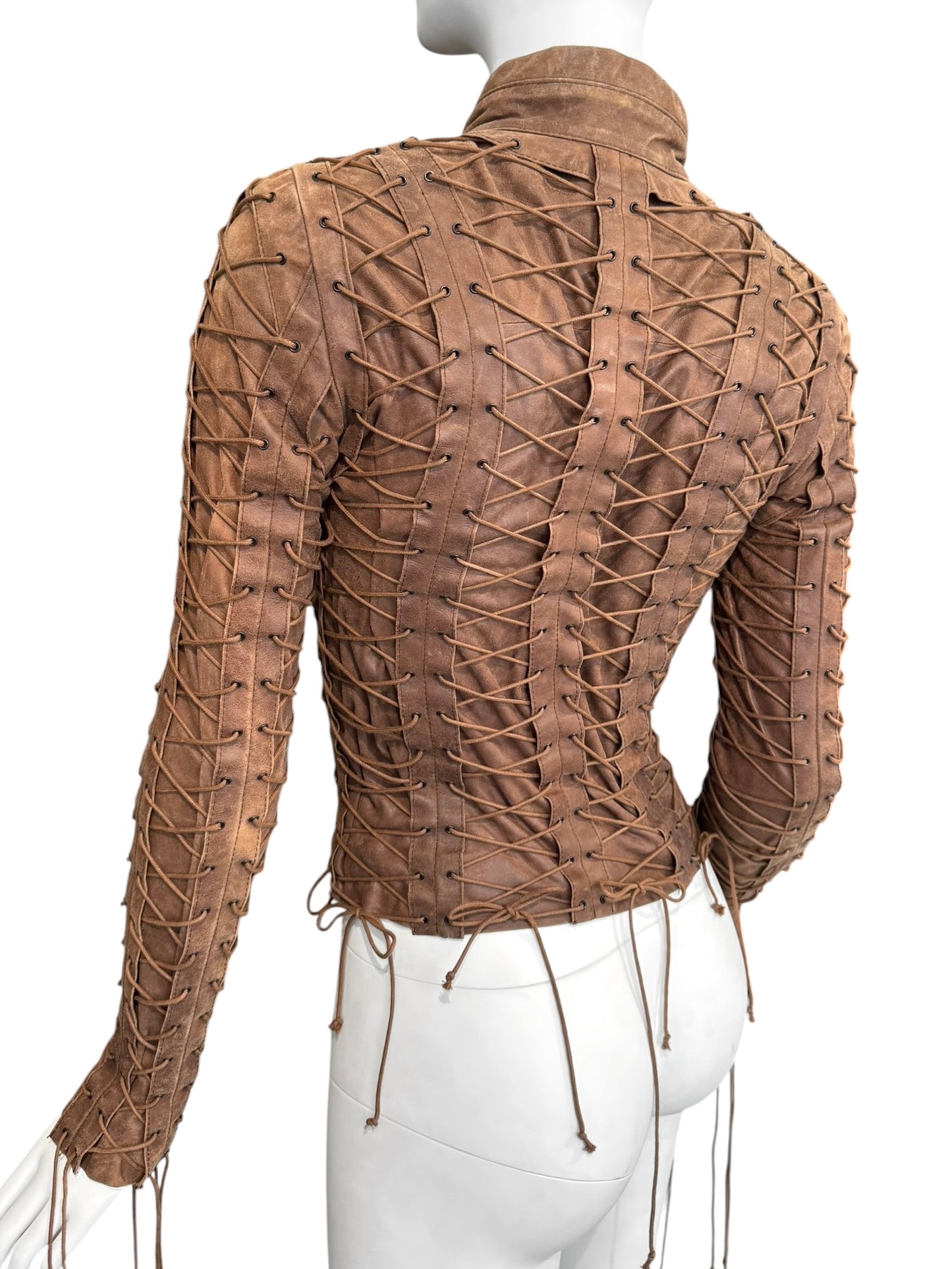 PLEIN SUD FW2002 BROWN LEATHER LACE-UP CAGE JACKET