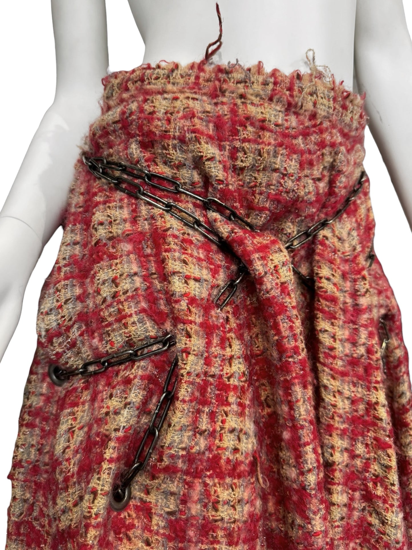 JUNYA WATANABE FW2003 RED WOOL DISTRESS TWEED CHAINS MAXI SKIRT