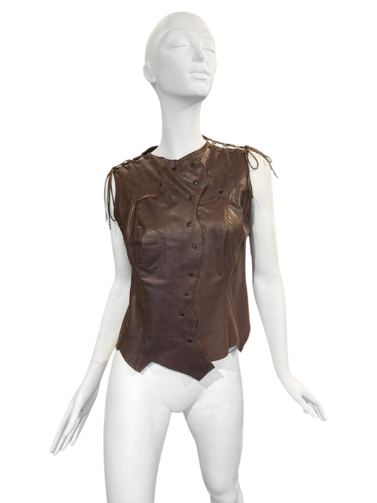 PLEIN SUD JEANS 2000s BROWN LEATHER PATCHWORK VEST