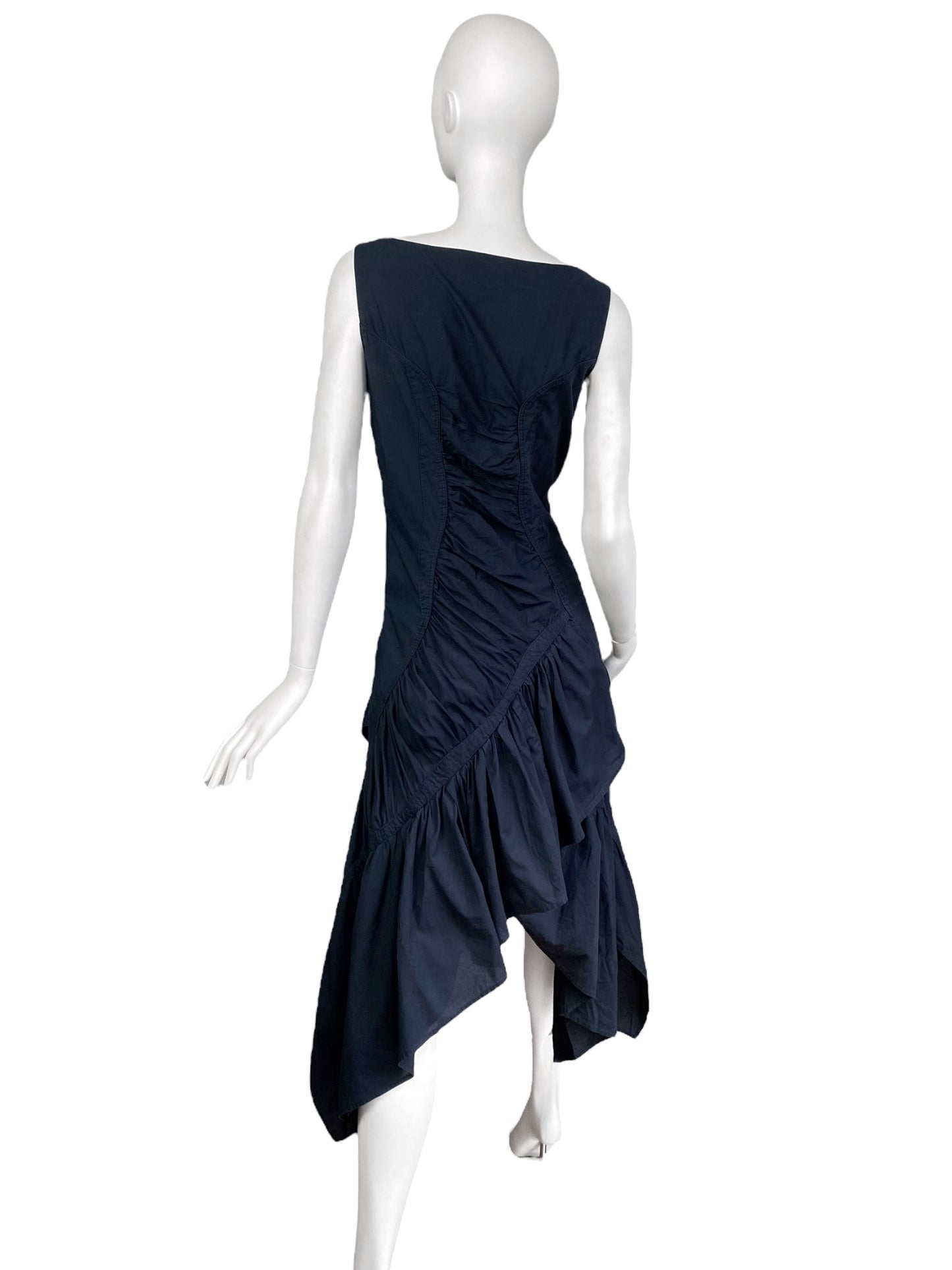 ISSEY MIYAKE FW2005 BY NAOKI TAKIZAWA NAVY BLUE ASYMMETRICAL GATHERED MIDI DRESS