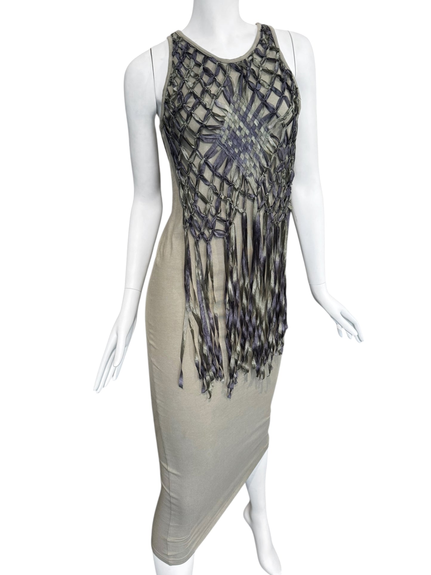 DIOR SS2003 BY JOHN GALLIANO COTTON & SILK KNOTTED FRINGE MAXI DRESS