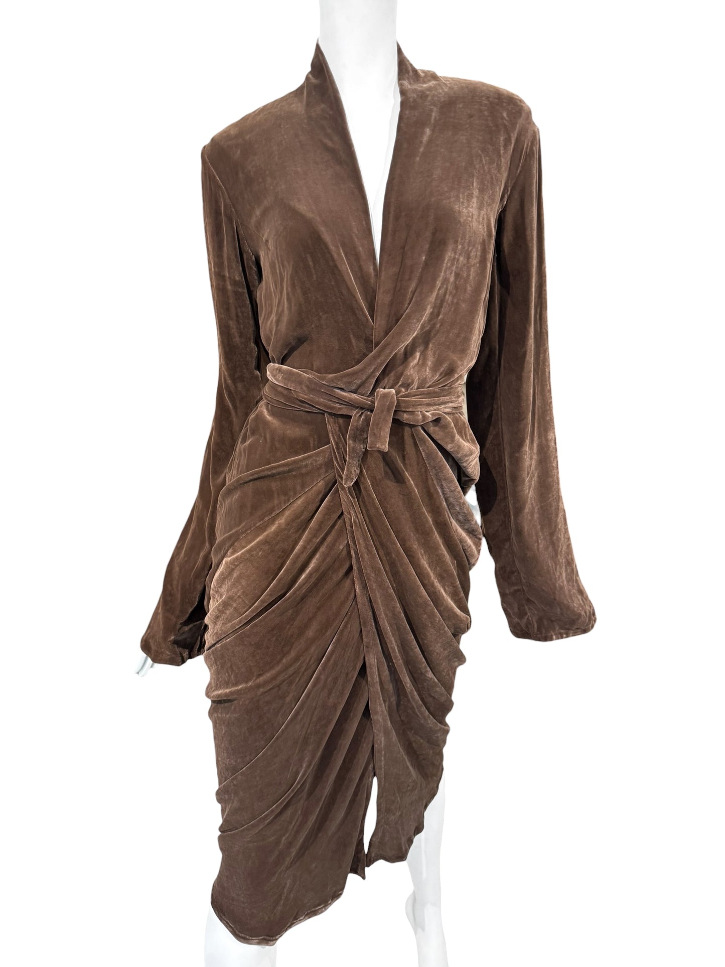 RICK OWENS FW2023 «LUXOR»BROWN VELVET DRAPED WRAP MIDI DRESS