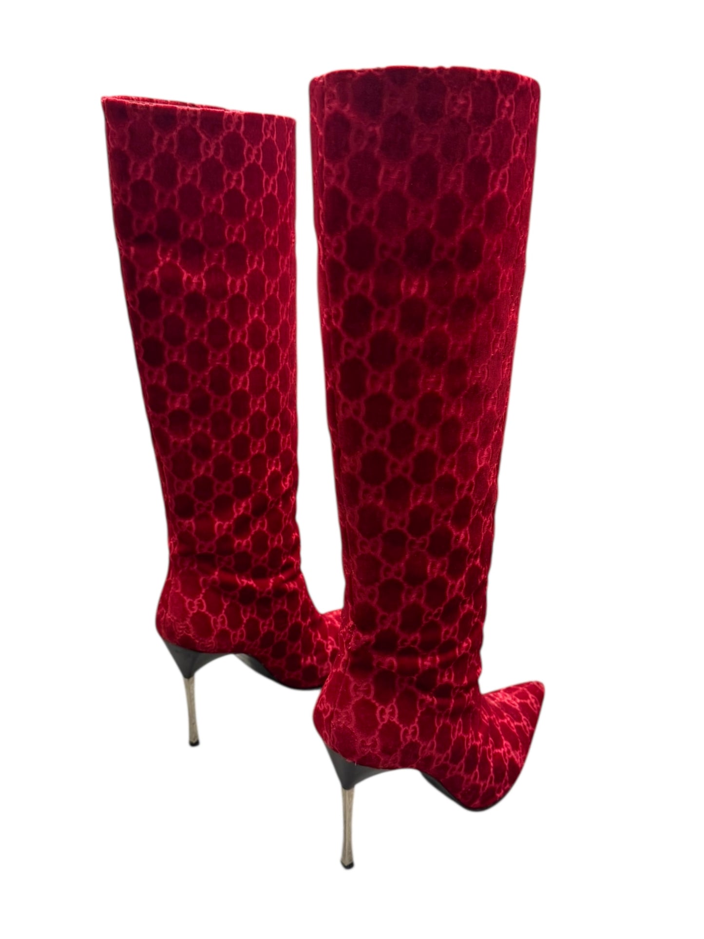 GUCCI FW1997 BY TOM FORD RED VELVET ‘GG’ MONOGRAM BOOTS