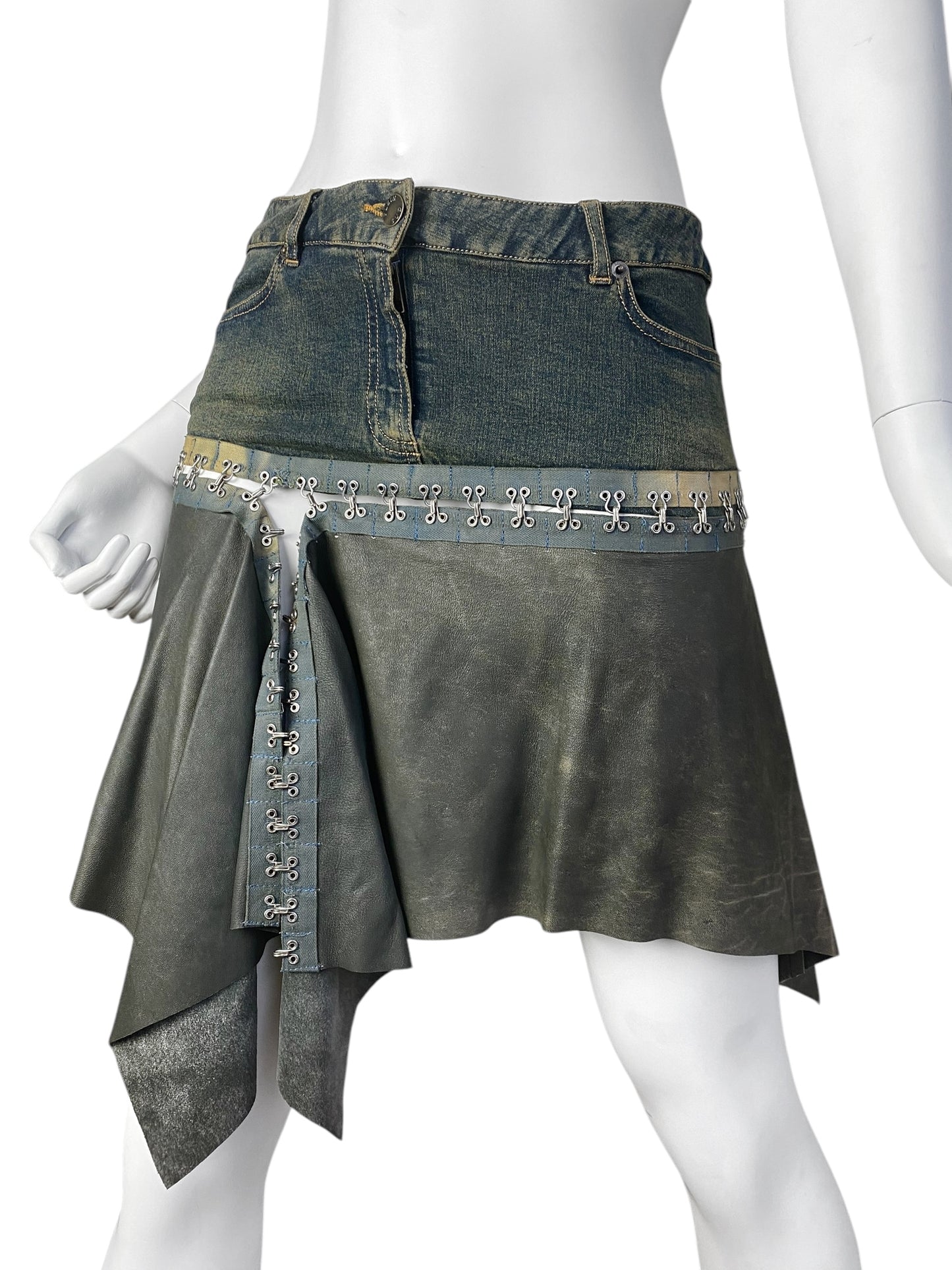 PLEIN SUD JEANS FW2003 DENIM & LEATHER HOOKED SKIRT