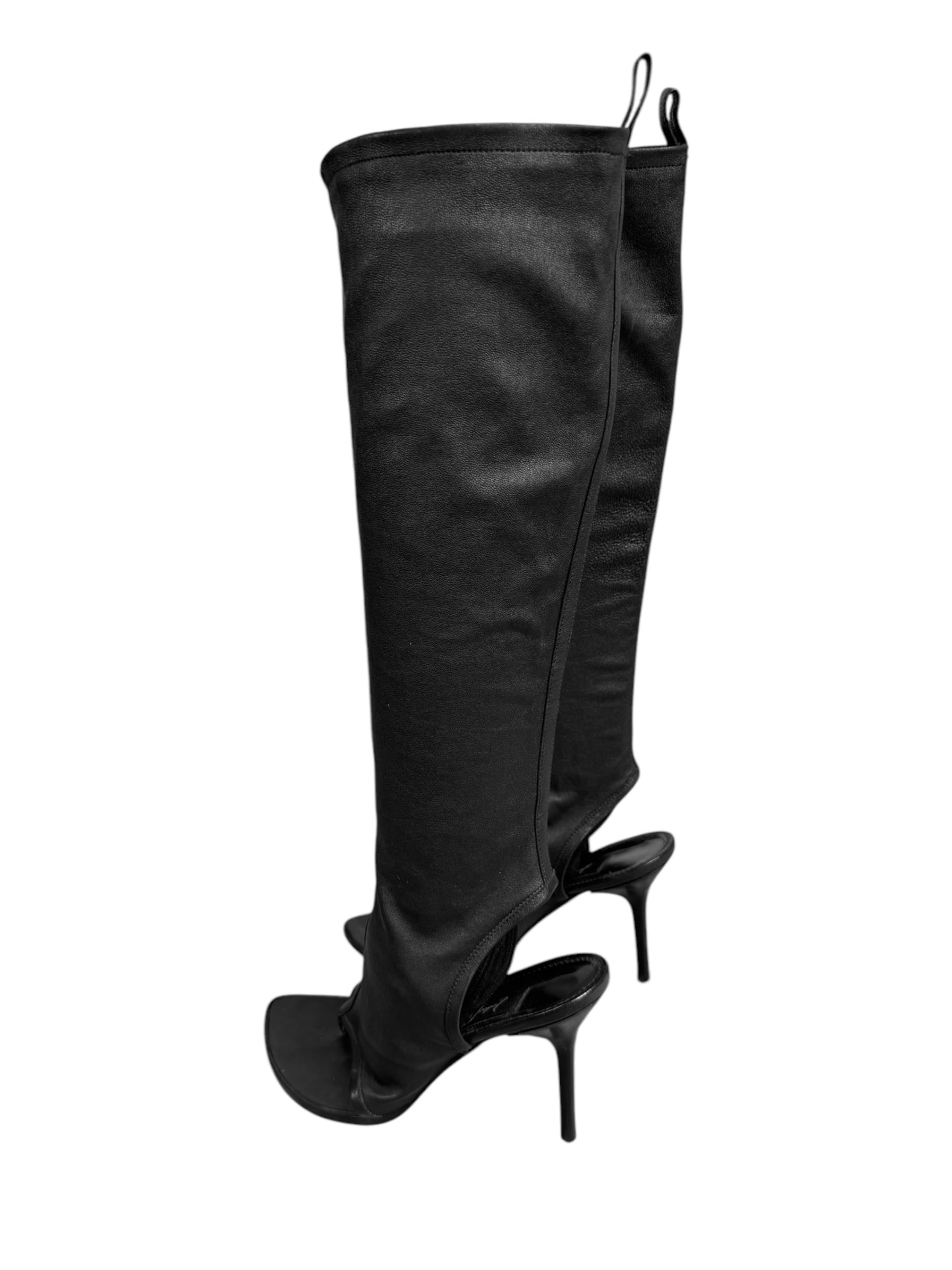 FAYÇAL AMOR SS2004 BLACK LEATHER KNEE-HIGH THONG SANDAL BOOTS
