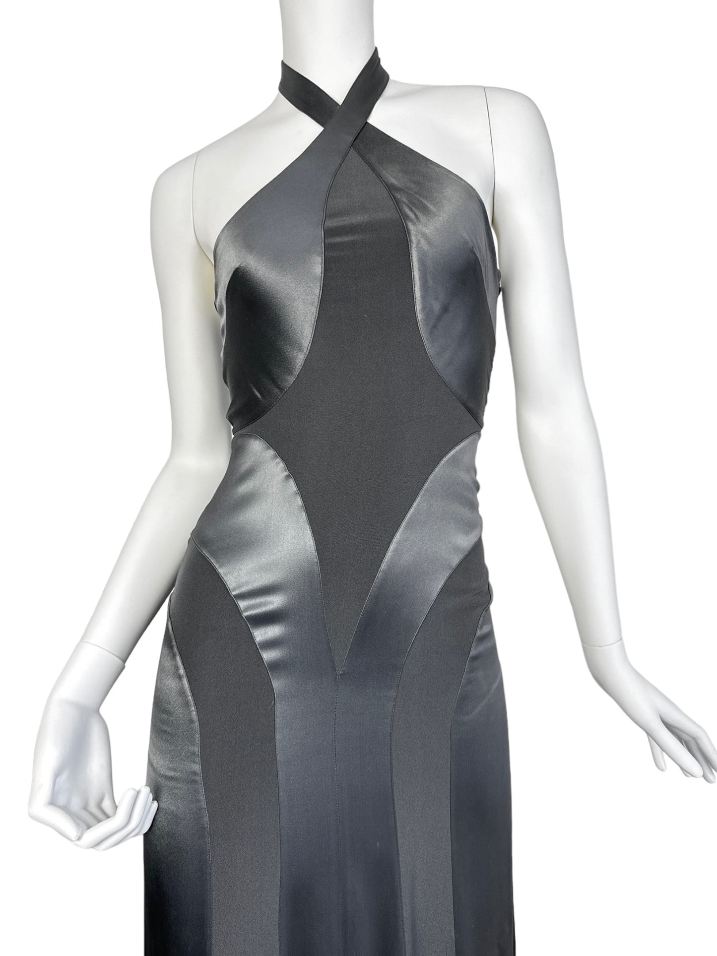 FAYÇAL AMOR SS2003 METALLIC GREY ANATOMICAL HALTERNECK MAXI DRESS