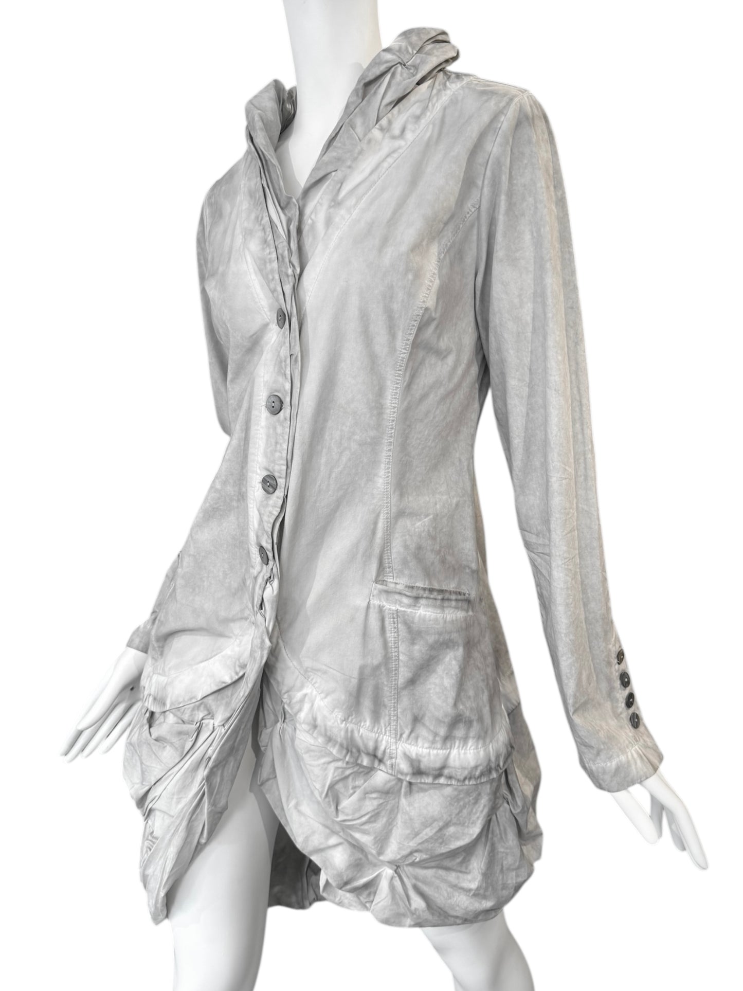 Y’S YOHJI YAMAMOTO 2000s GREY RUSHED DRAPED HEM LIGHTWEIGHT COAT