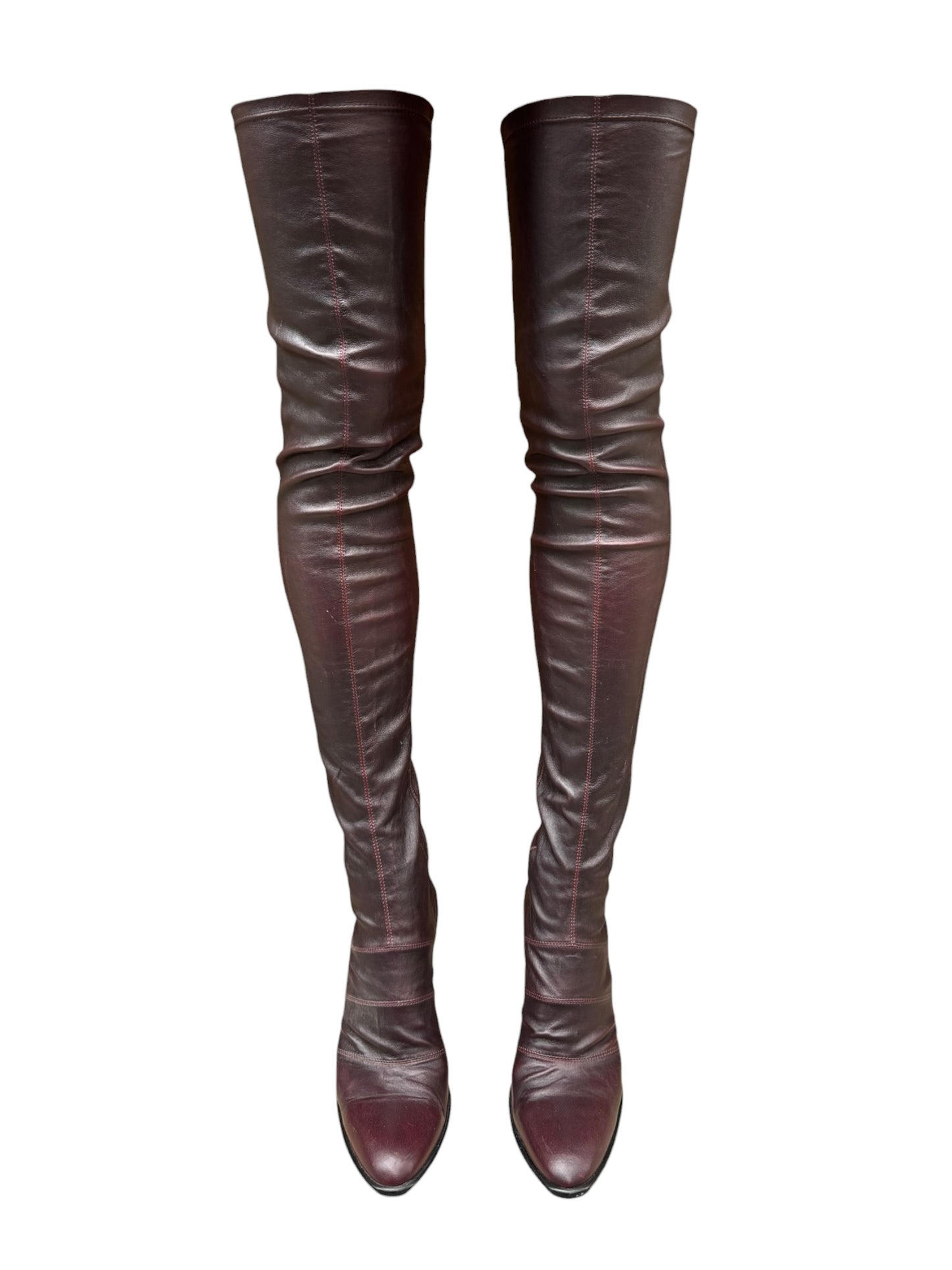 PLEIN SUD 2000s DARK RED LEATHER THIGH-HIGH BOOTS