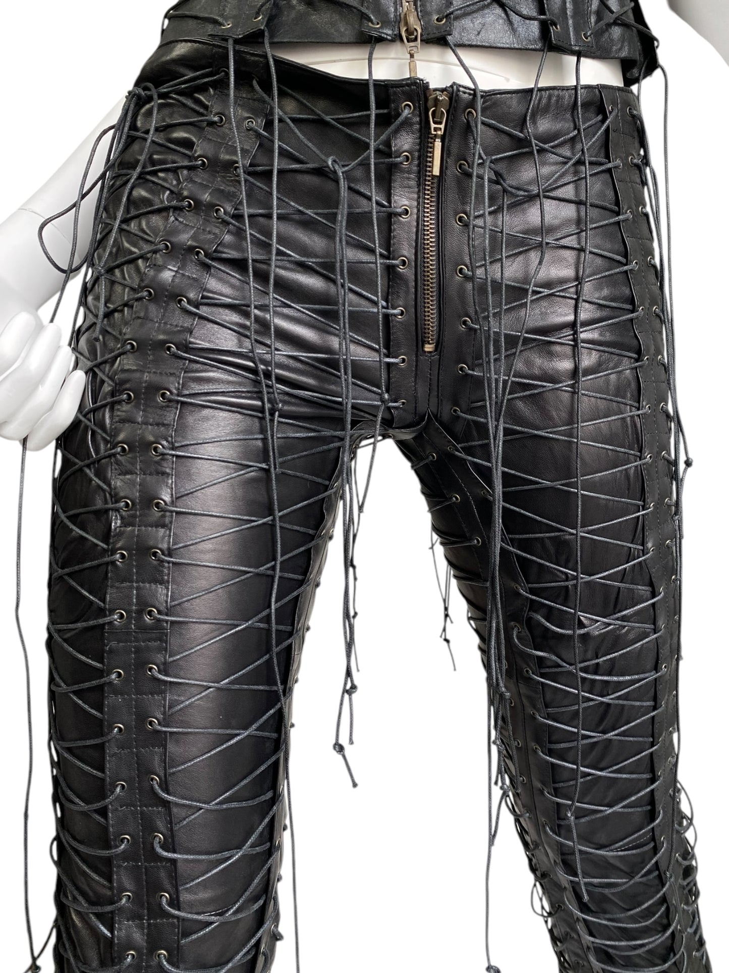 PLEIN SUD FW2002 BLACK LEATHER LACED-UP CAGE 2P. SET (JACKET + PANTS)