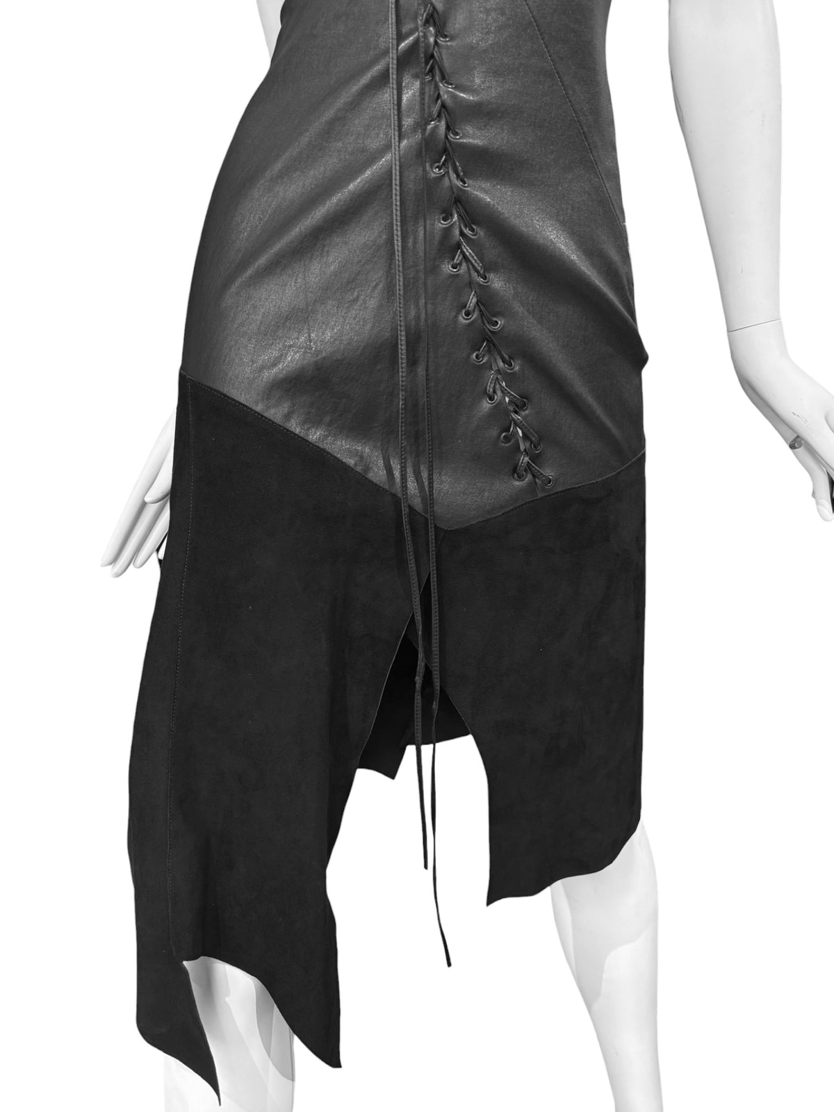 JITROIS 2000s BLACK LEATHER LACE-UP MIDI DRESS
