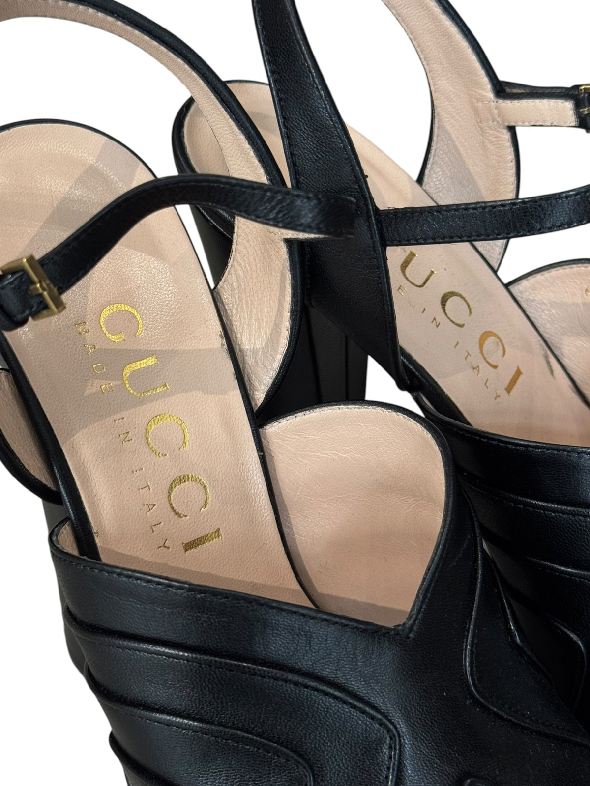 GUCCI SS2022 BY ALESSANDRO MICHELE BLACK LEATHER PLATFORM HEELED SANDALS