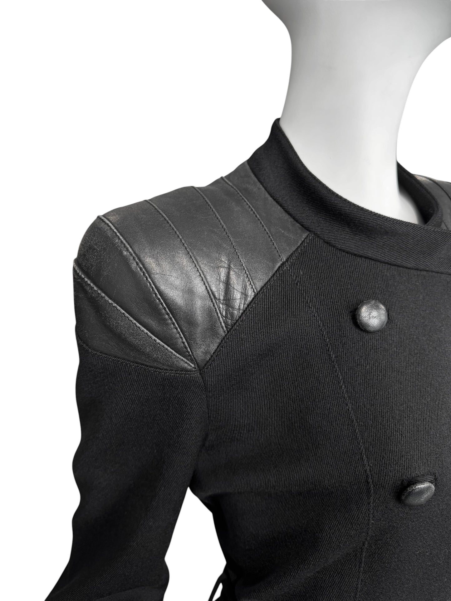 KAVIAR GAUCHE 2010s BLACK WOOK & LEATHER DOUBLE BREASTED COAT