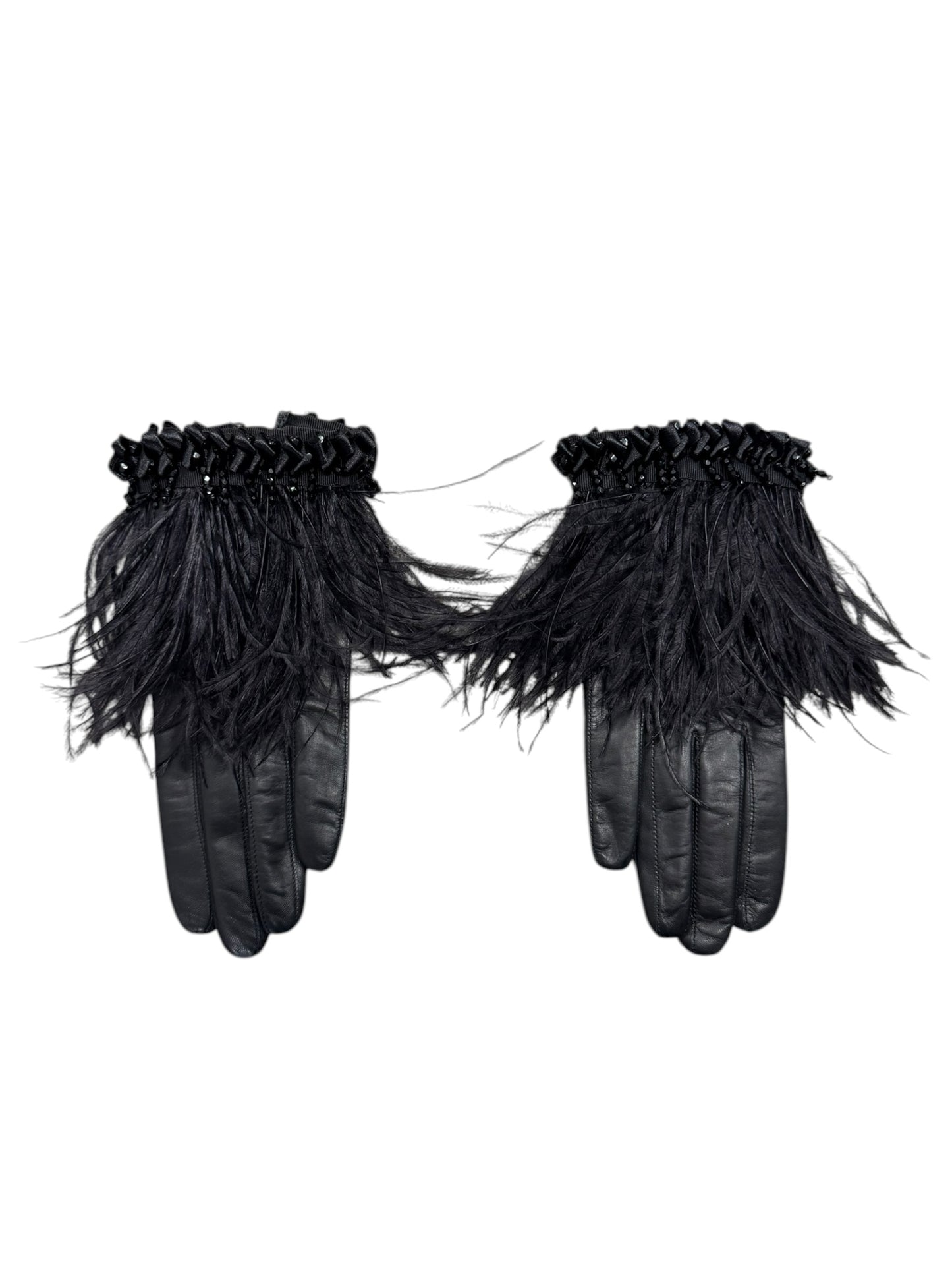 CHRISTIAN LACROIX 2000s BLACK LEATHER & OSTRICH FEATHERS EMBELLISHED CLUTCH & GLOVES