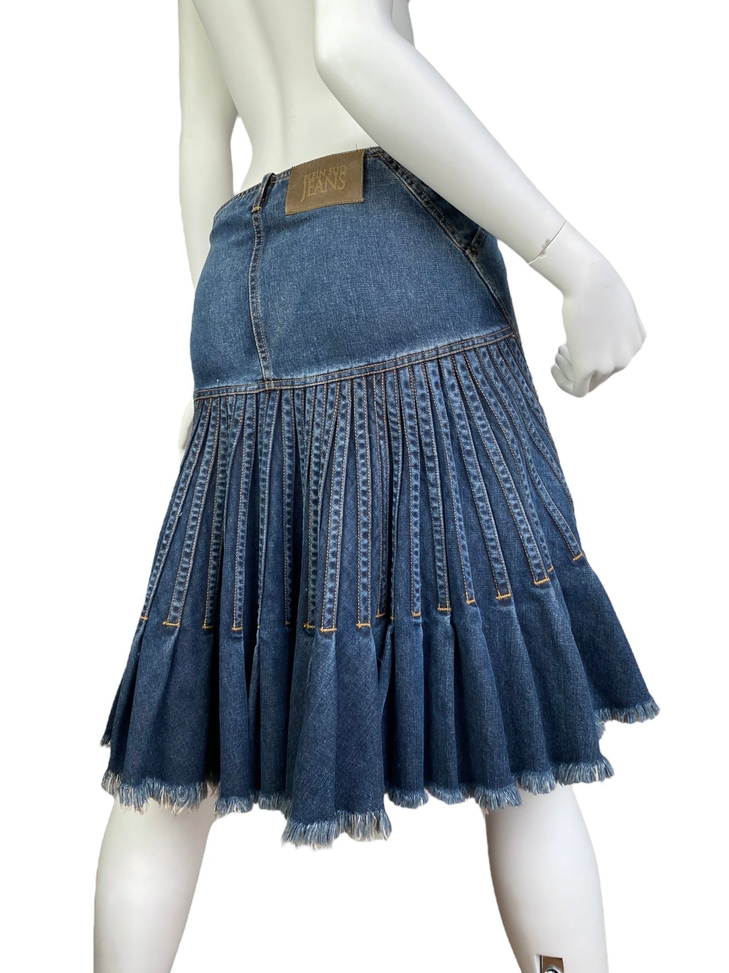 PLEIN SUD JEANS SS2003 BLUE DENIM PLEATED MIDI SKIRT