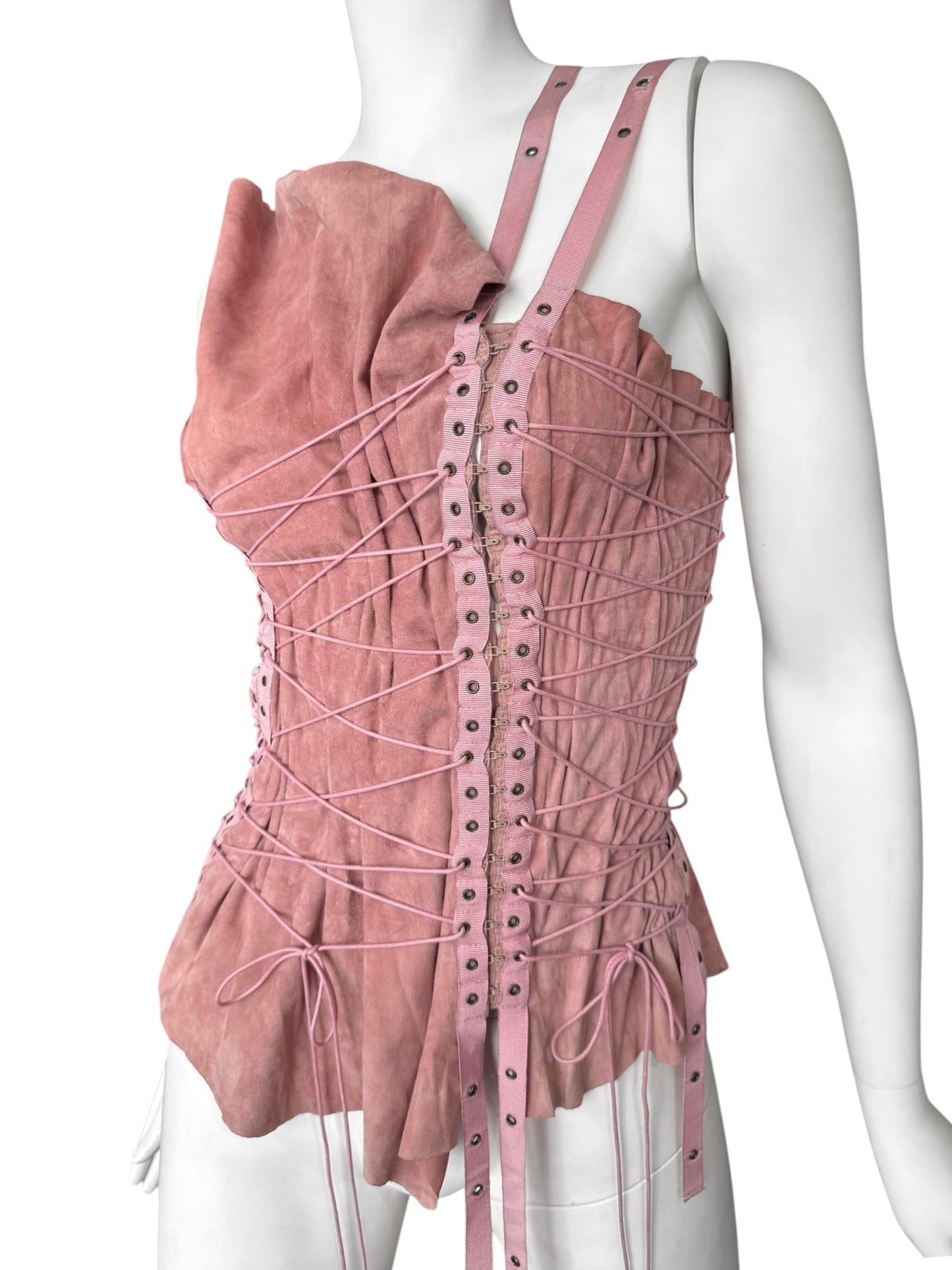 PLEIN SUD SS2003 PINK LEATHER LACE-UP BONDAGE TANK TOP