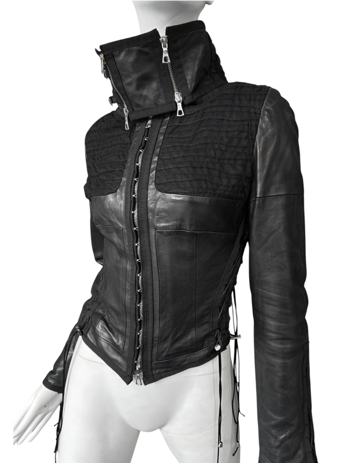 JITROIS 2000S BLACK LEATHER & MESH LACE-UP JACKET