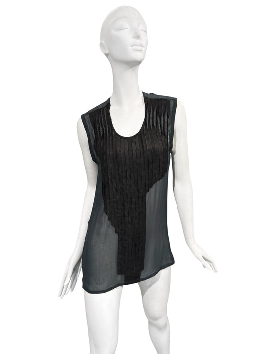 ILARIA NISTRI 2010s NAVY & BLACK SILK & LEATHER TANK TOP