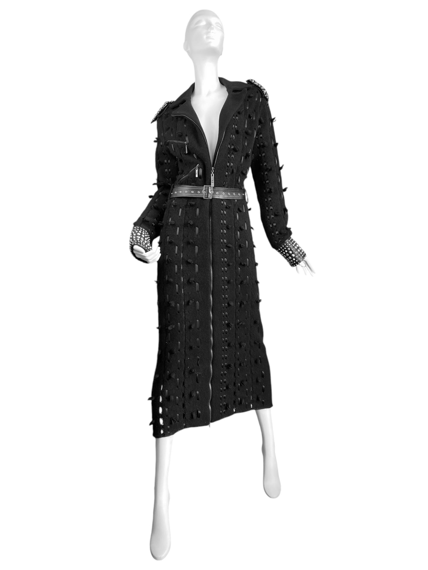 DIOR FW2004 BY GALLIANO BLACK WOOL LACED STUDDED MAXI COAT