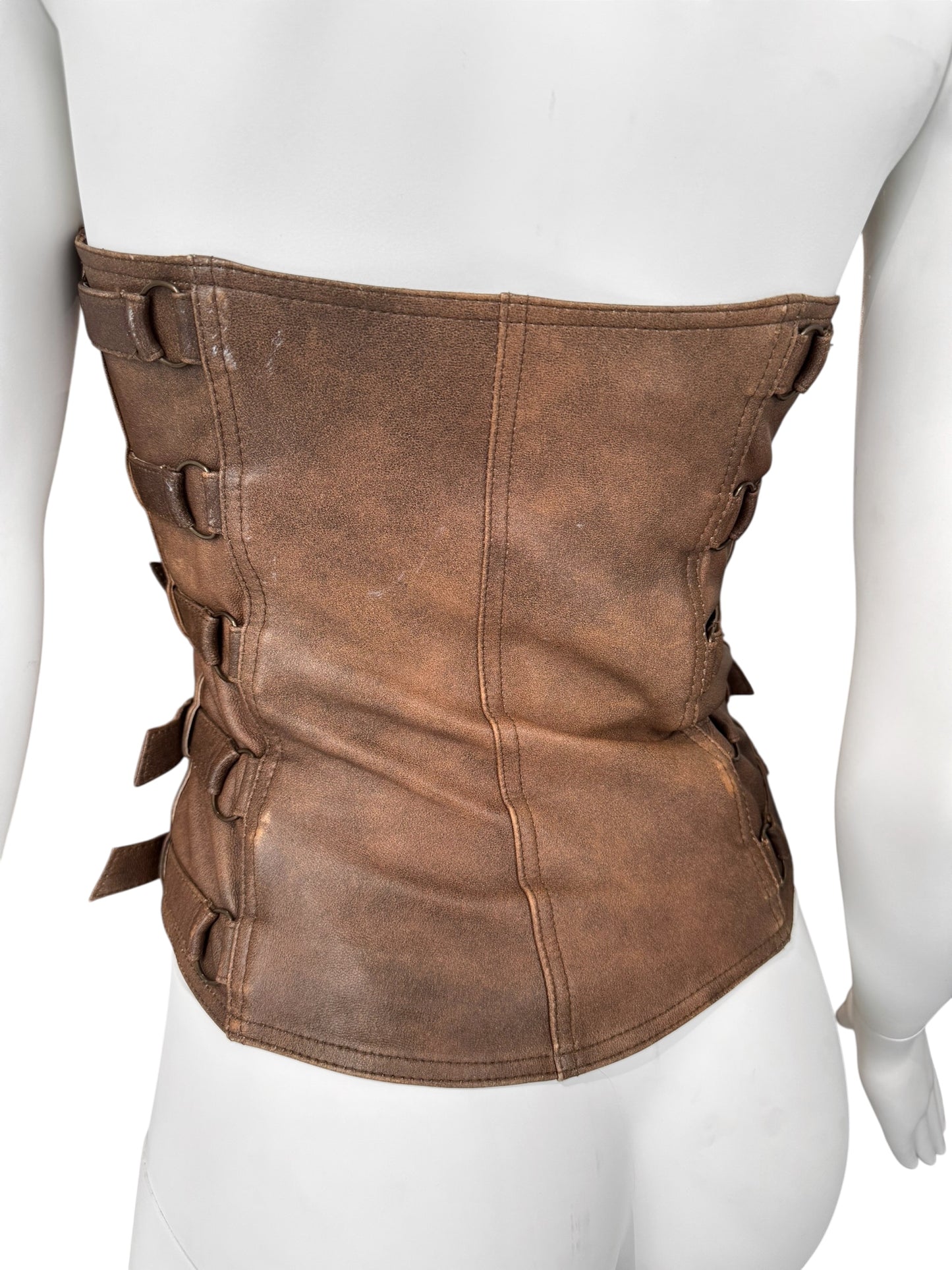 PLEIN SUD FW2001 BROWN LEATHER BONDAGE CORSET TOP