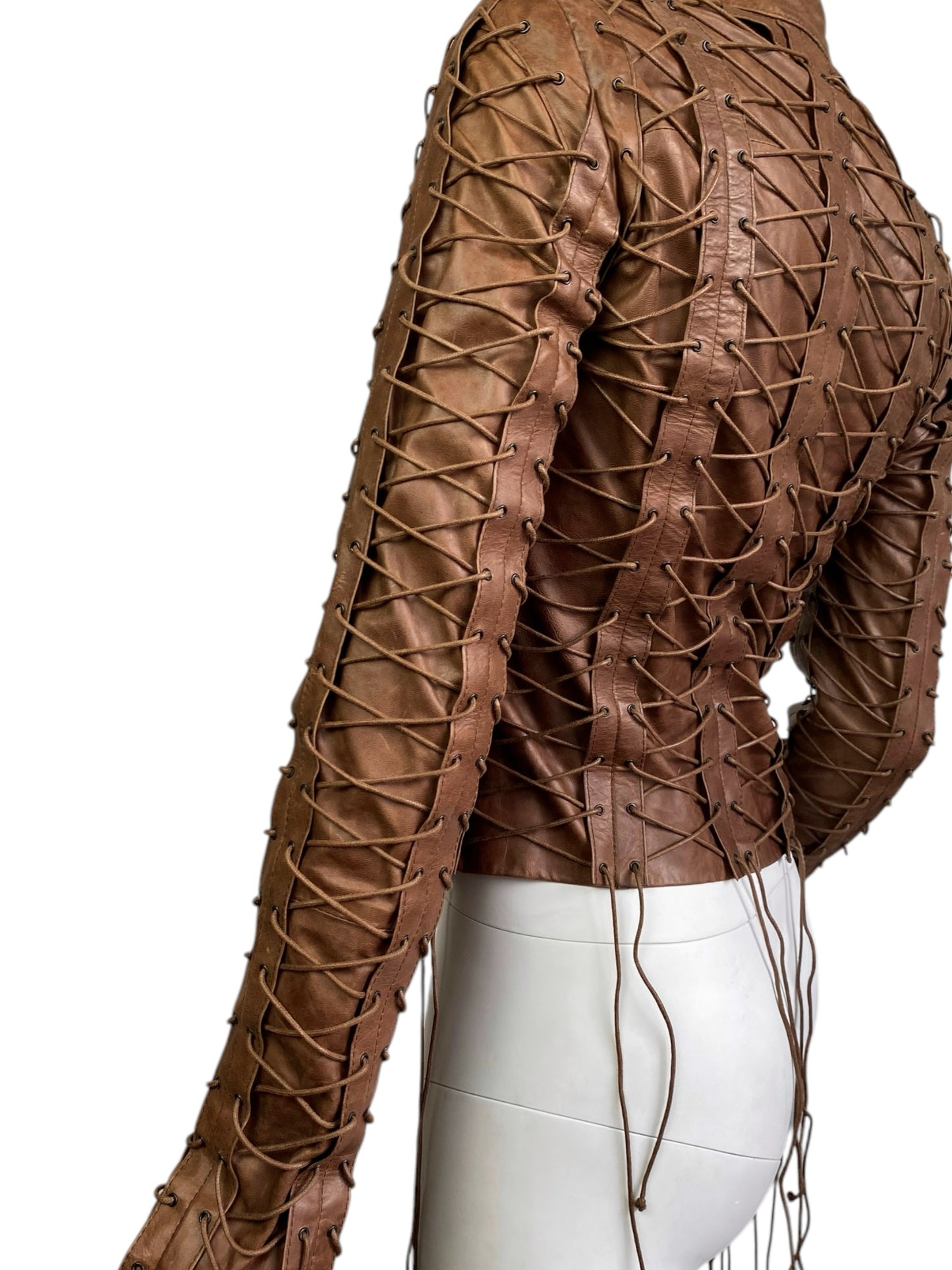 PLEIN SUD FW2002 BROWN LEATHER LACED-UP CAGE JACKET