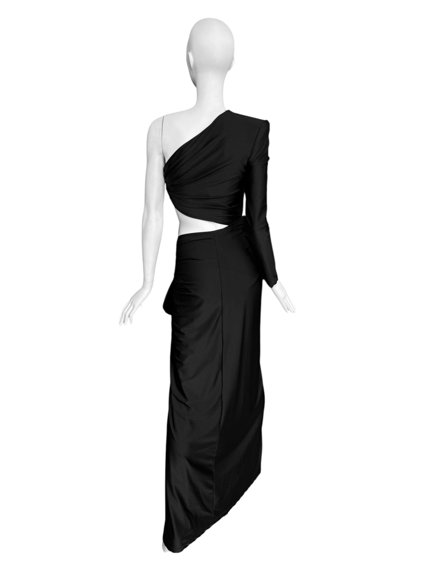 SAINT LAURENT SS2022 BY ANTHONY VACCARELLO BLACK ASYMMETRICAL CUT OUT MAXI DRESS