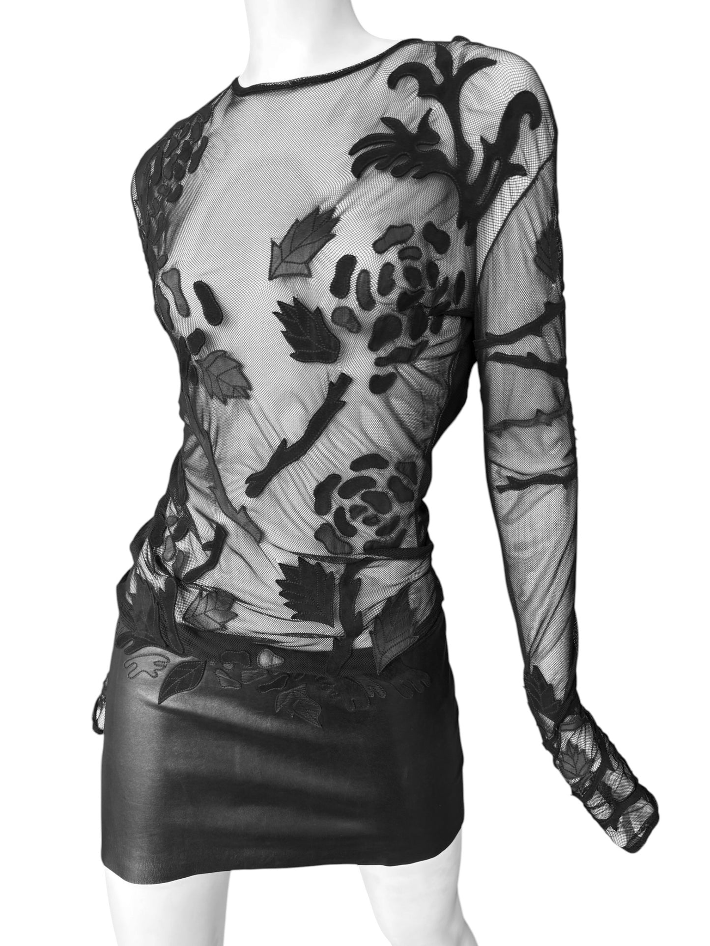 JITROIS 2012 BLACK MESH & LEATHER APPLIQUÉ SHEER MINI DRESS