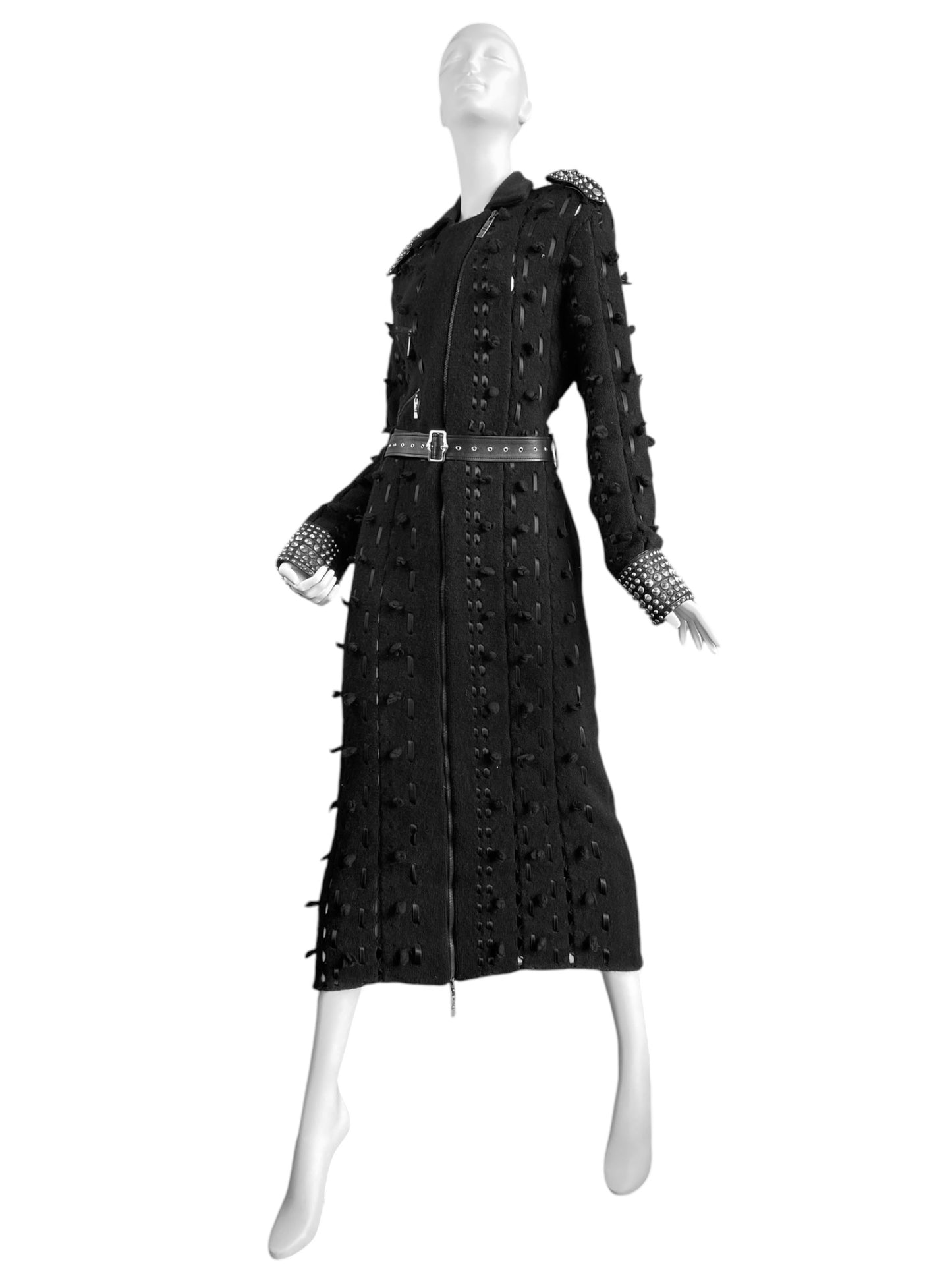 DIOR FW2004 BY GALLIANO BLACK WOOL LACED STUDDED MAXI COAT