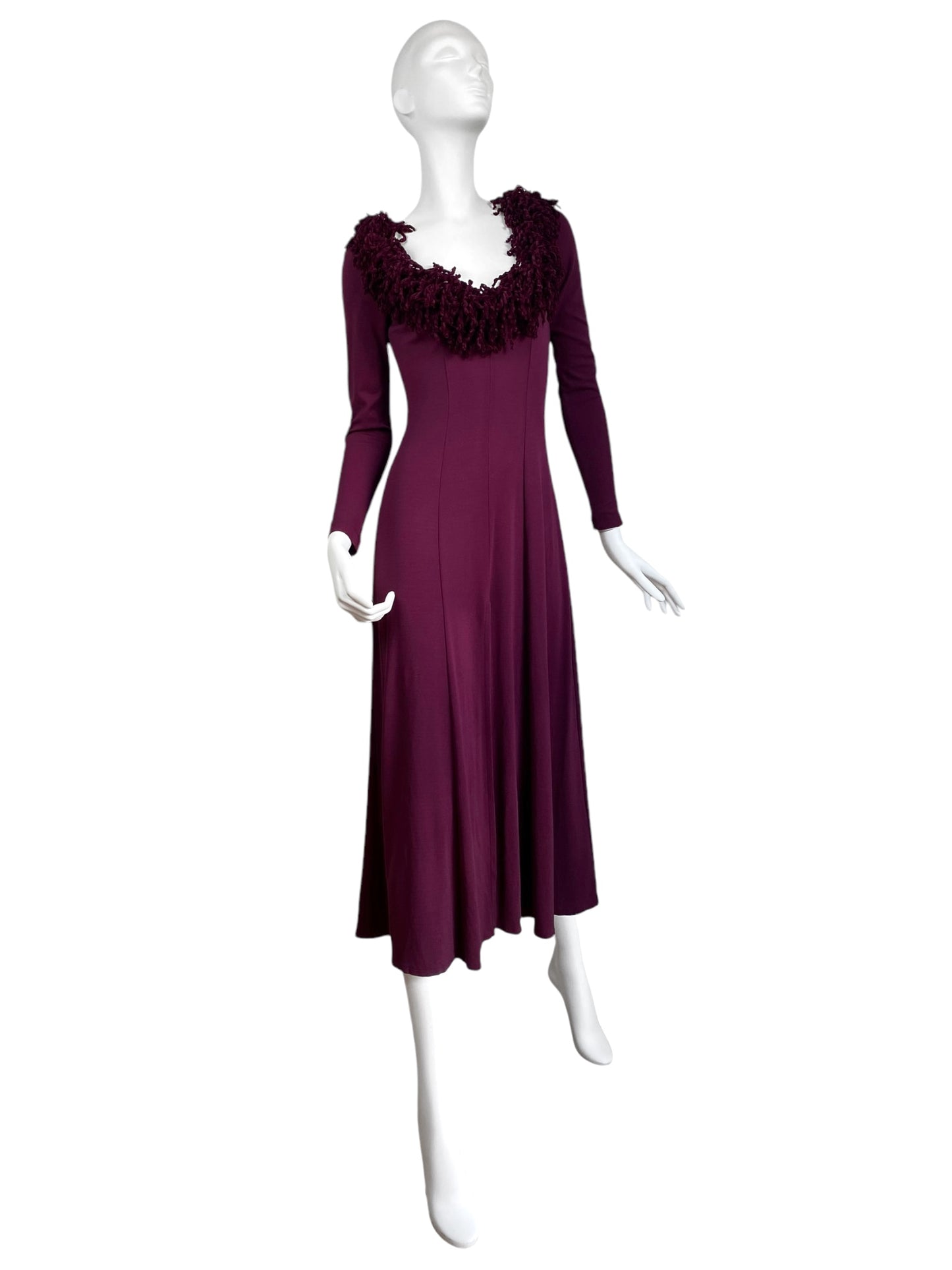 PLEIN SUD FW1992 DARK PURPLE FRINGES COLLAR SPLIT MAXI DRESS