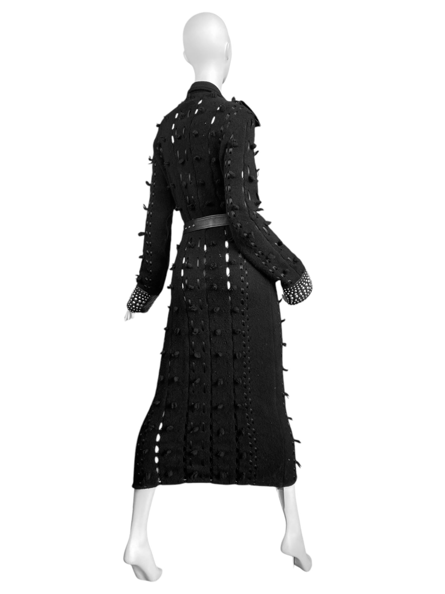 DIOR FW2004 BY GALLIANO BLACK WOOL LACED STUDDED MAXI COAT